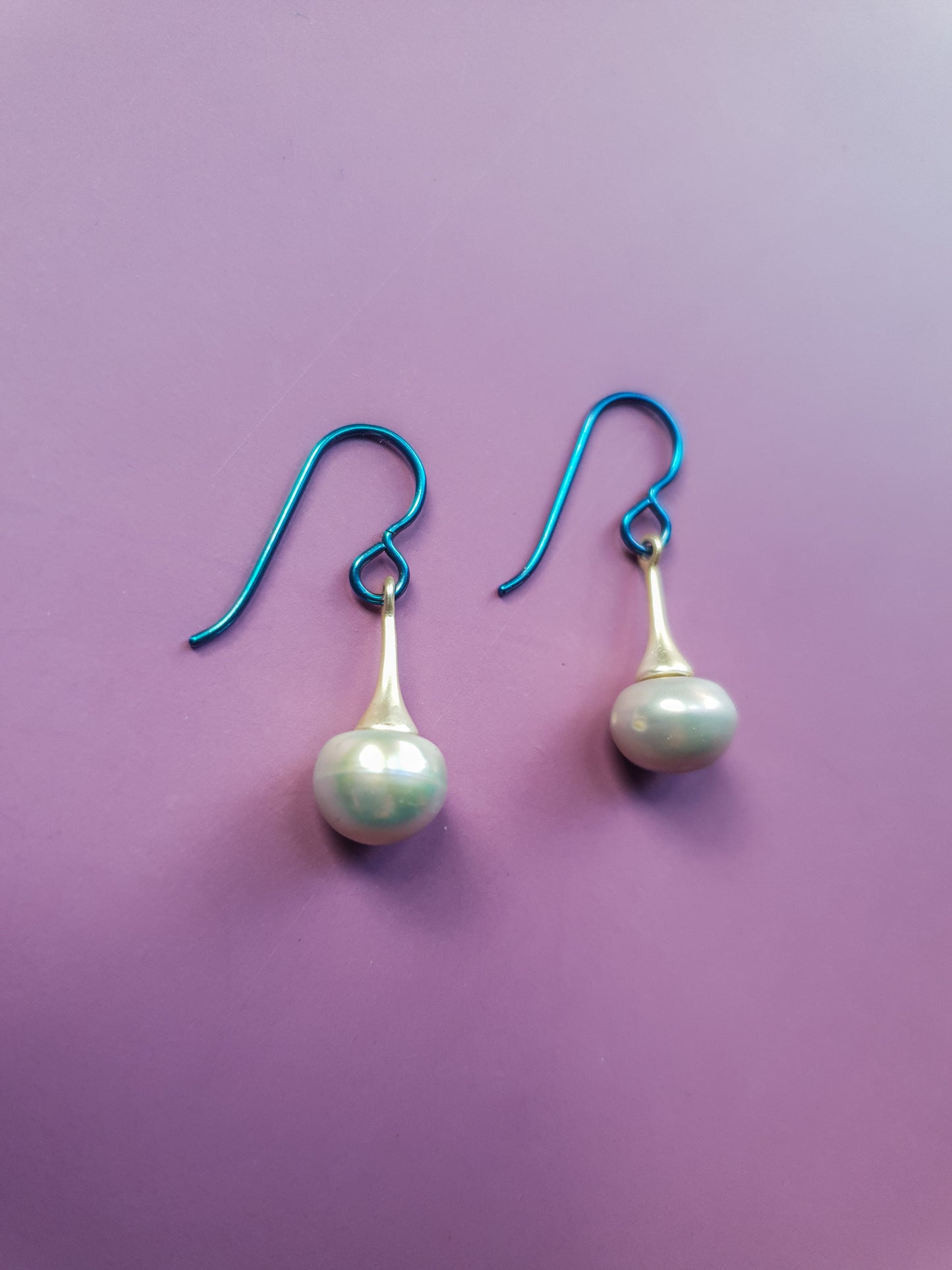 Fresh Water Pearl Blue Steel Drop Earrings