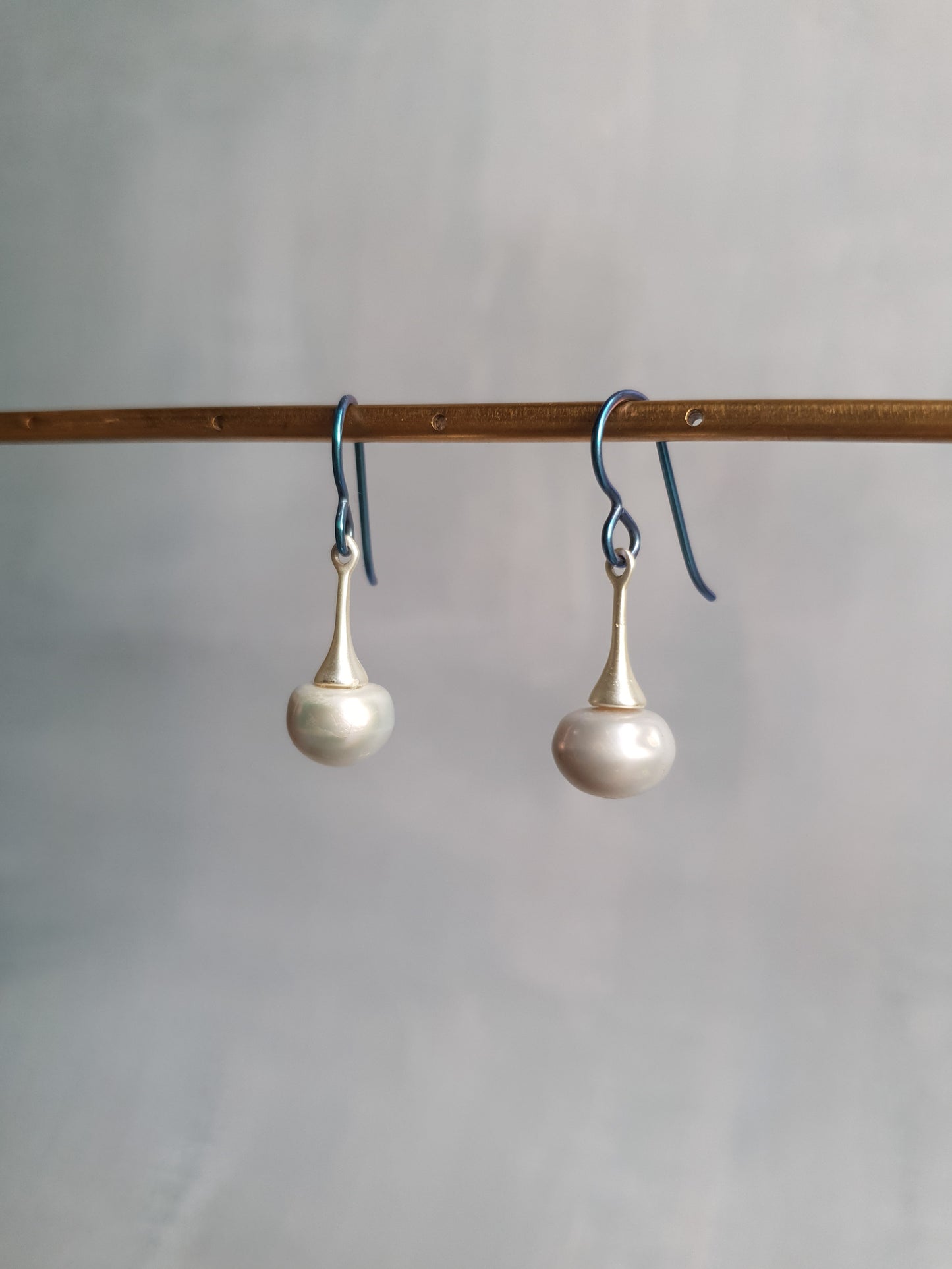 Fresh Water Pearl Blue Steel Drop Earrings
