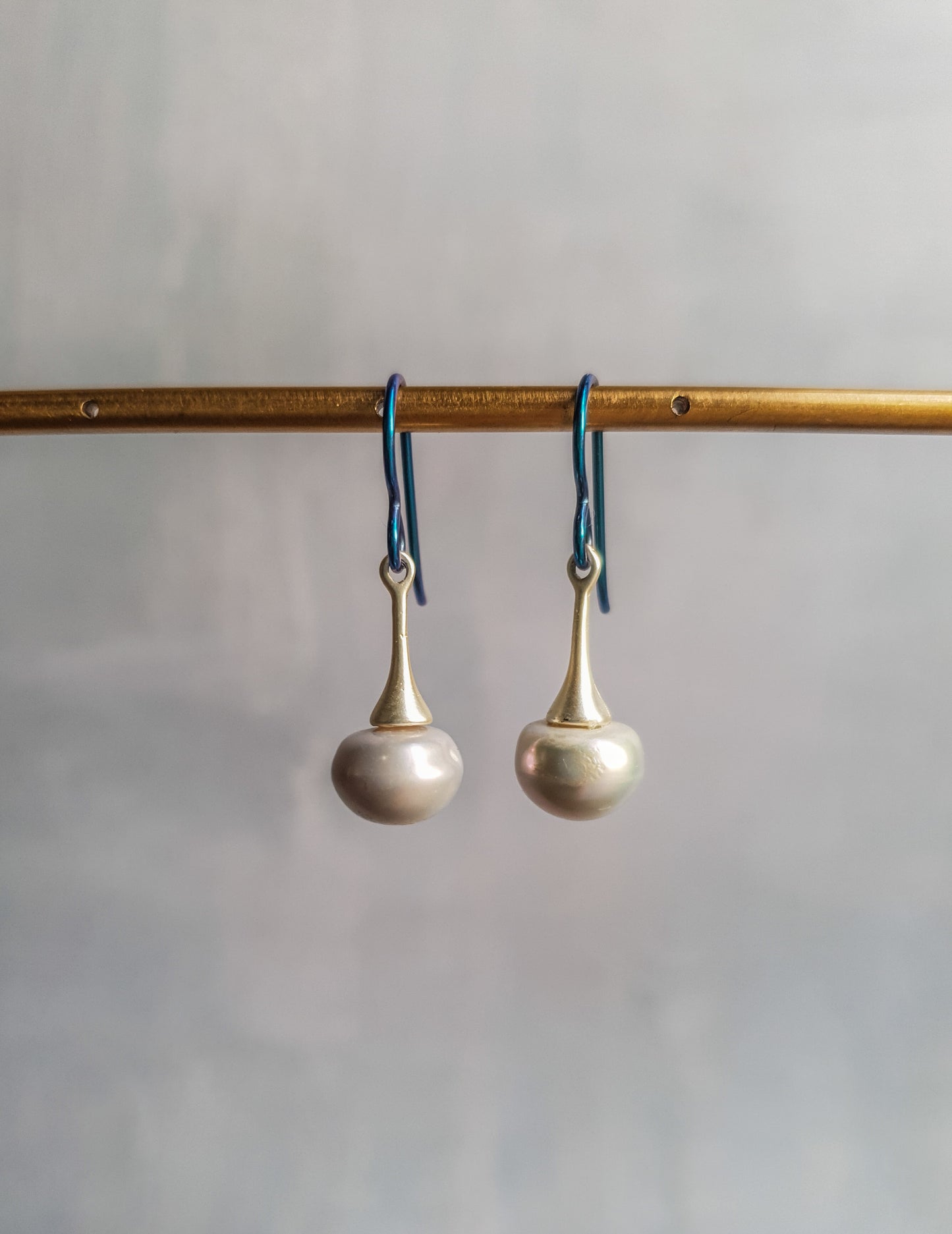 Fresh Water Pearl Blue Steel Drop Earrings