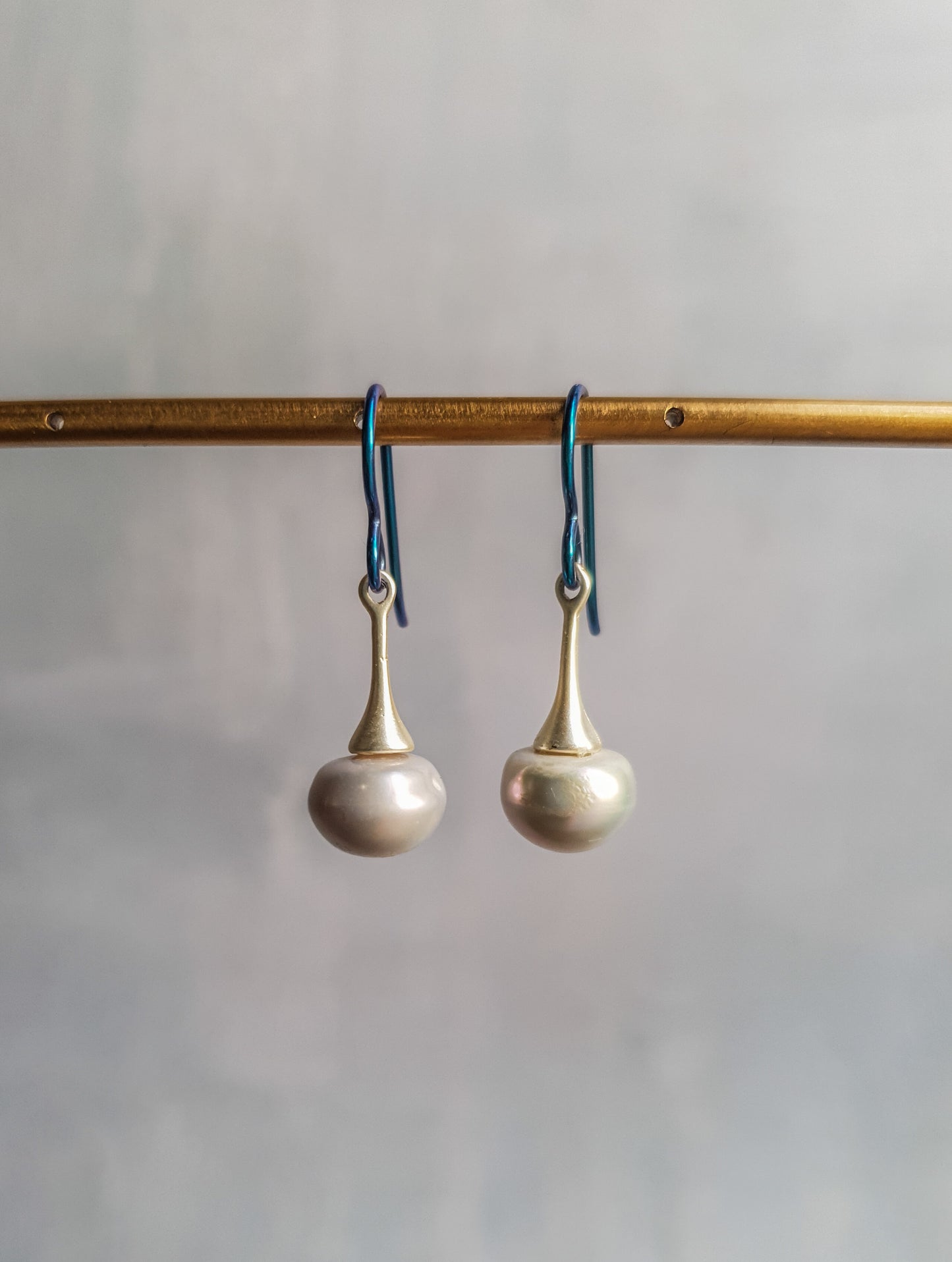 Fresh Water Pearl Blue Steel Drop Earrings