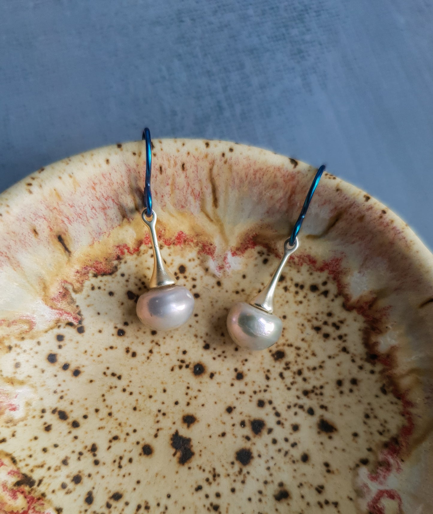 Fresh Water Pearl Blue Steel Drop Earrings