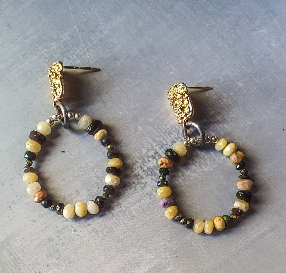 Opal, Pyrite & Silver beaded Hoop Earrings