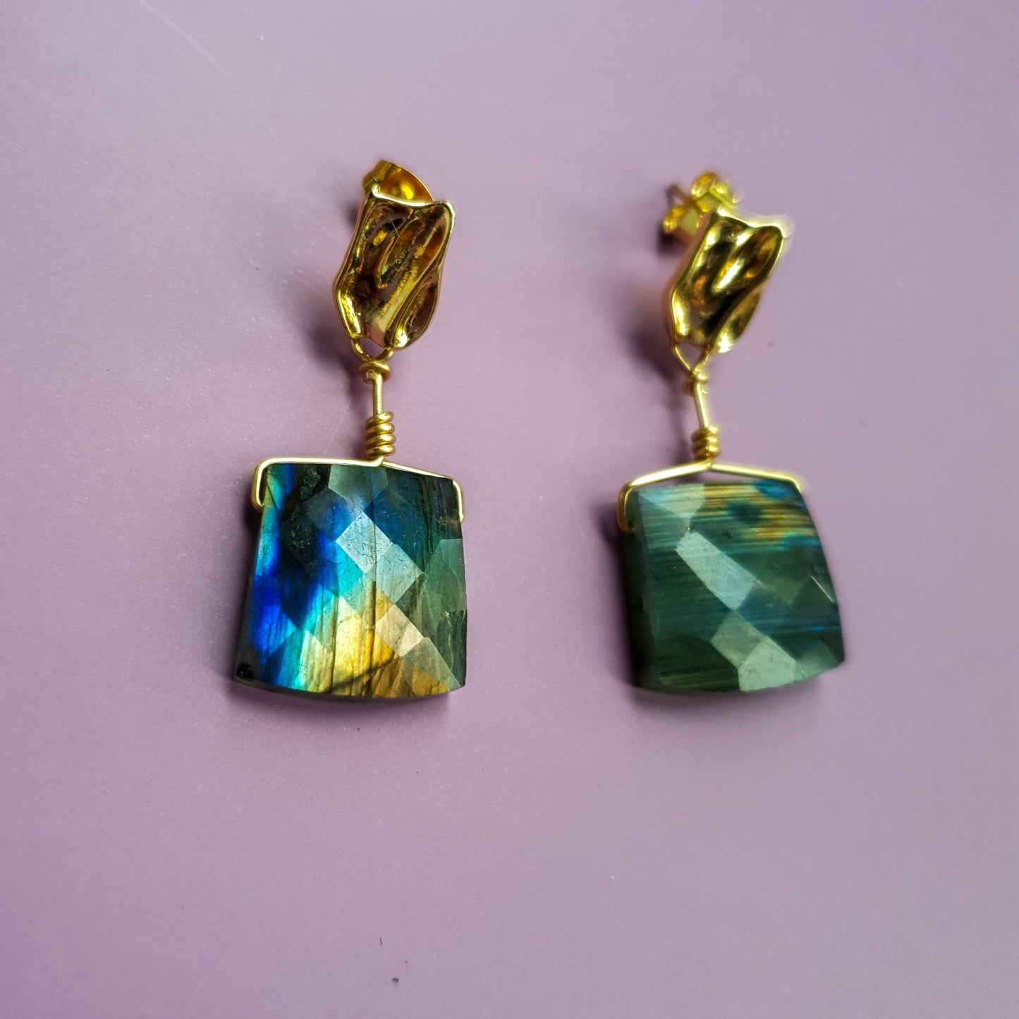 Luxe Labradorite Golden Cuboid Earrings