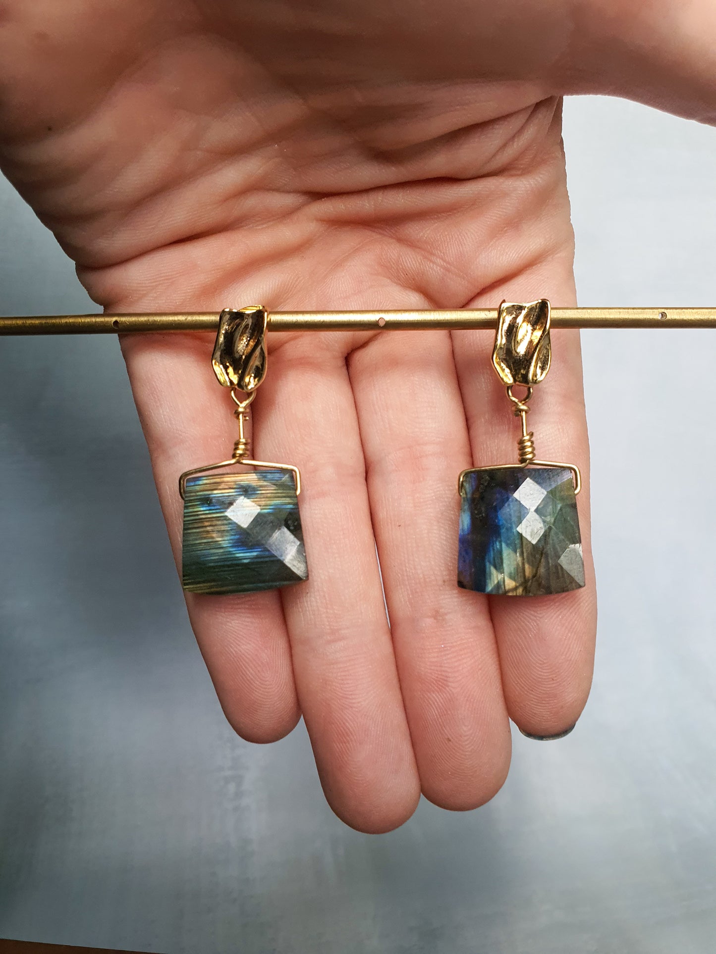 Luxe Labradorite Golden Cuboid Earrings