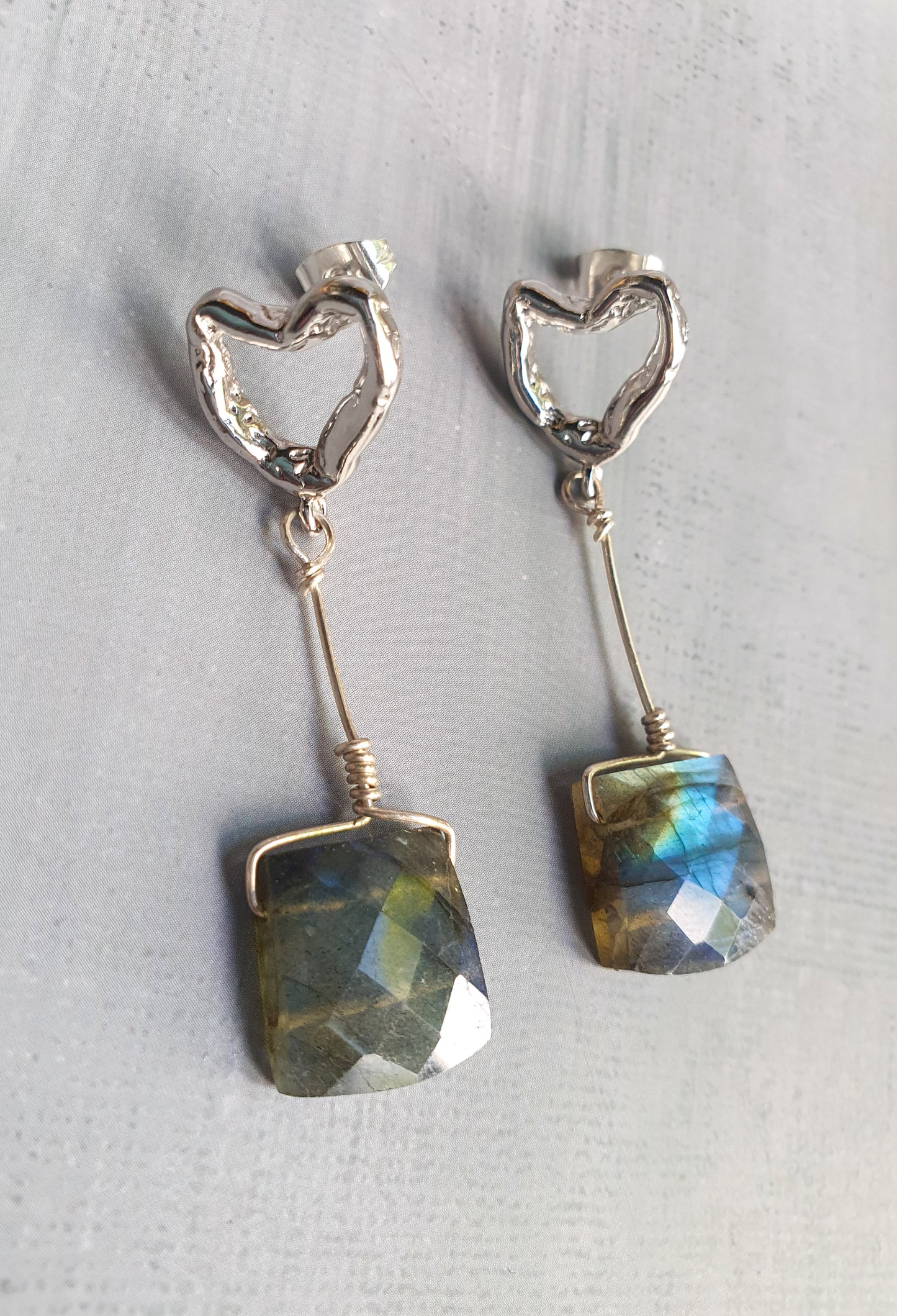 Luxe Labradorite Silver Heart Earrings