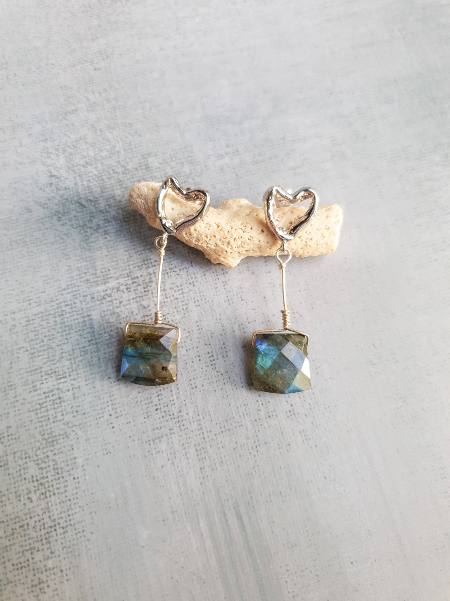 Luxe Labradorite Silver Heart Earrings