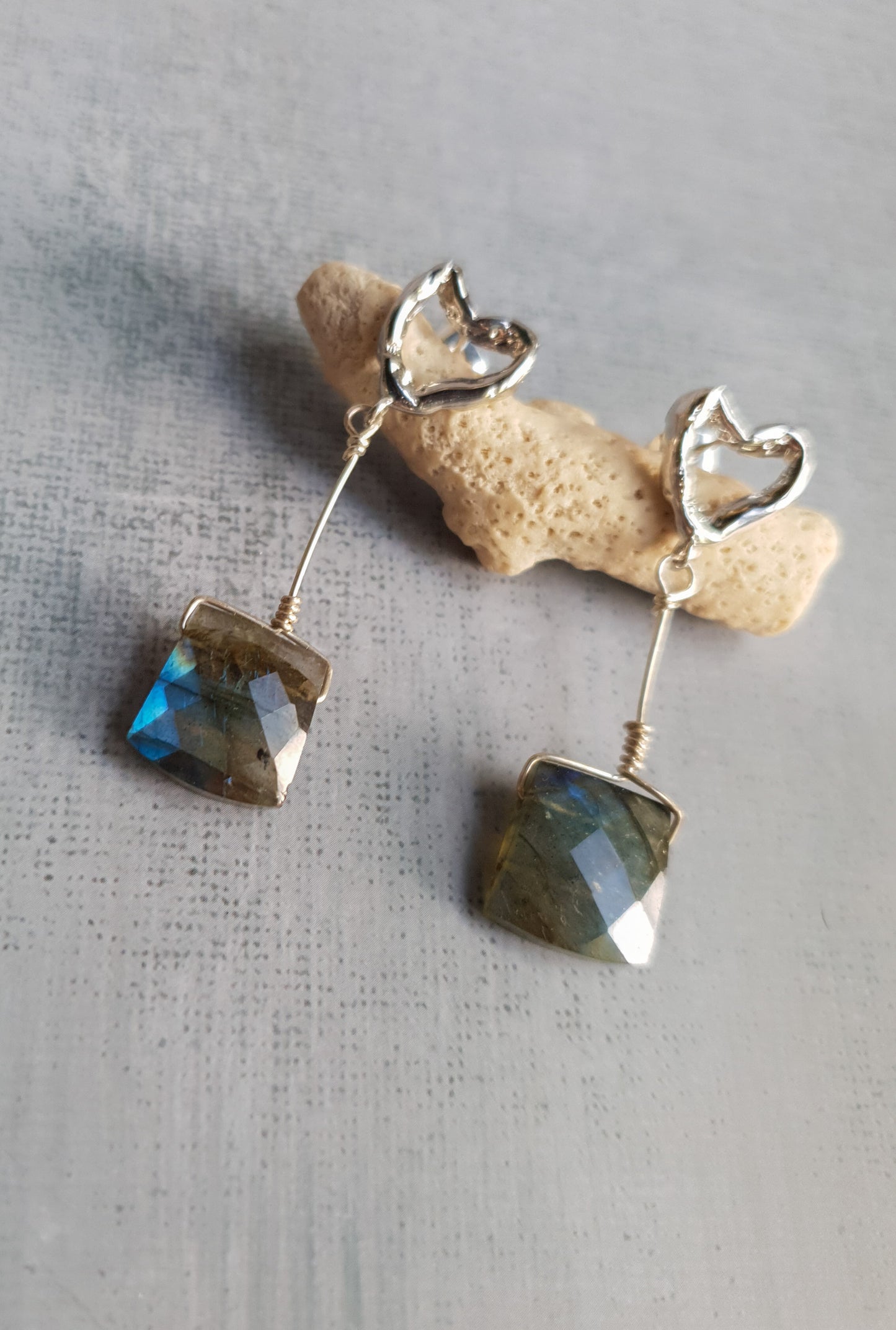 Luxe Labradorite Silver Heart Earrings