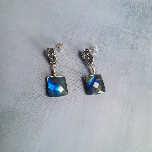 Luxe Labradorite Silver Cuboid Earrings