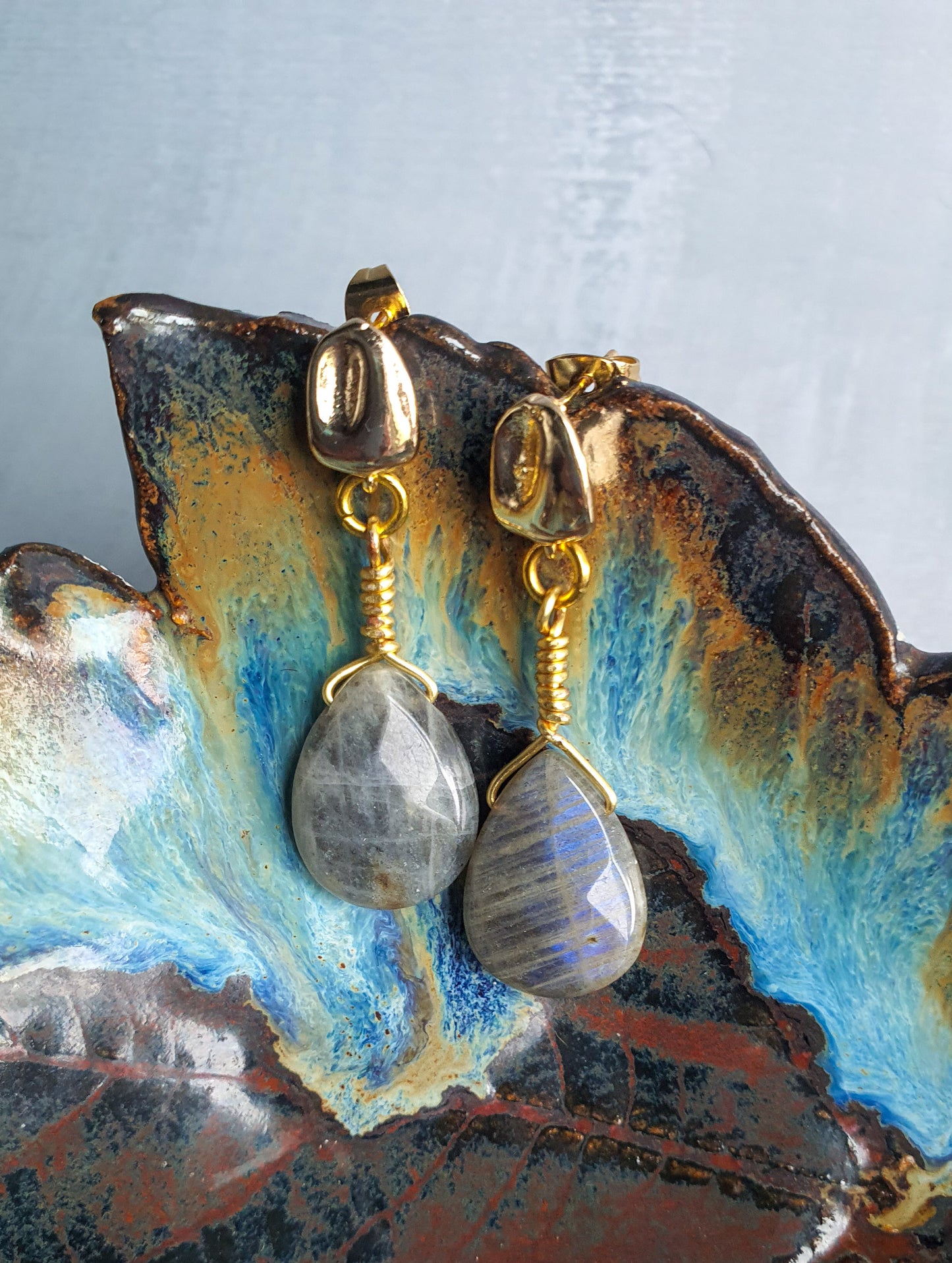 Labradorite Tear drop Earrings - Golden