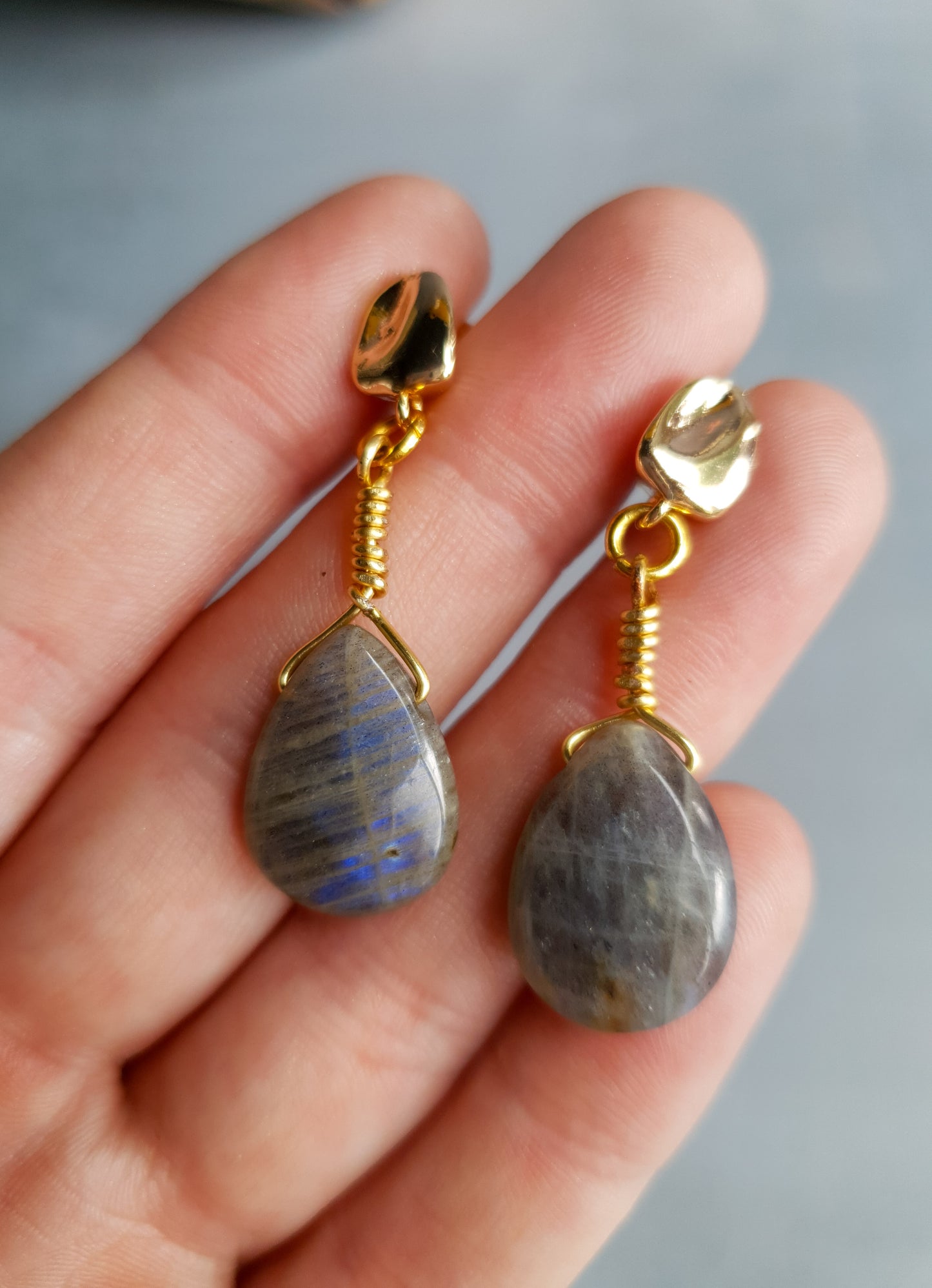 Labradorite Tear drop Earrings - Golden