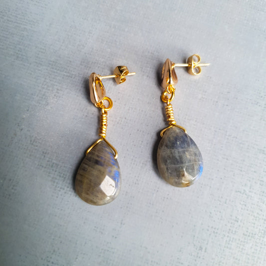 Labradorite Tear drop Earrings - Golden