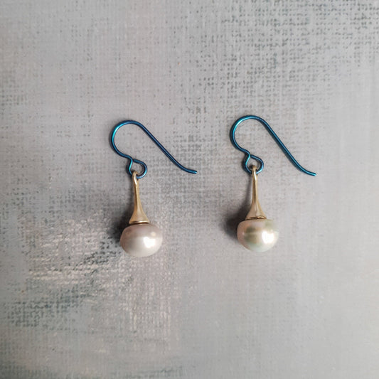 Fresh Water Pearl Blue Steel Drop Earrings