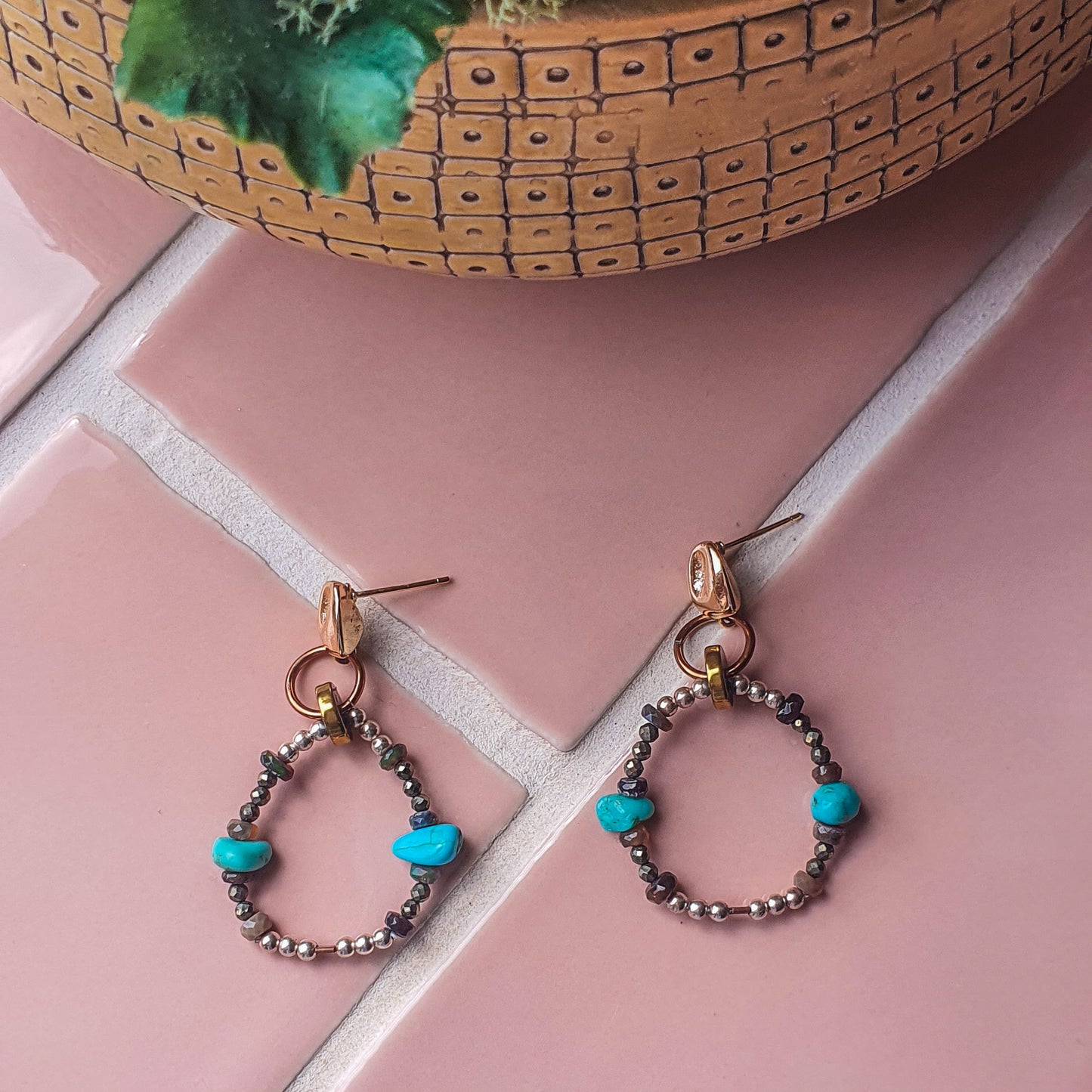 Turquoise, Opal, Pyrite & Silver beaded Hoop Earrings