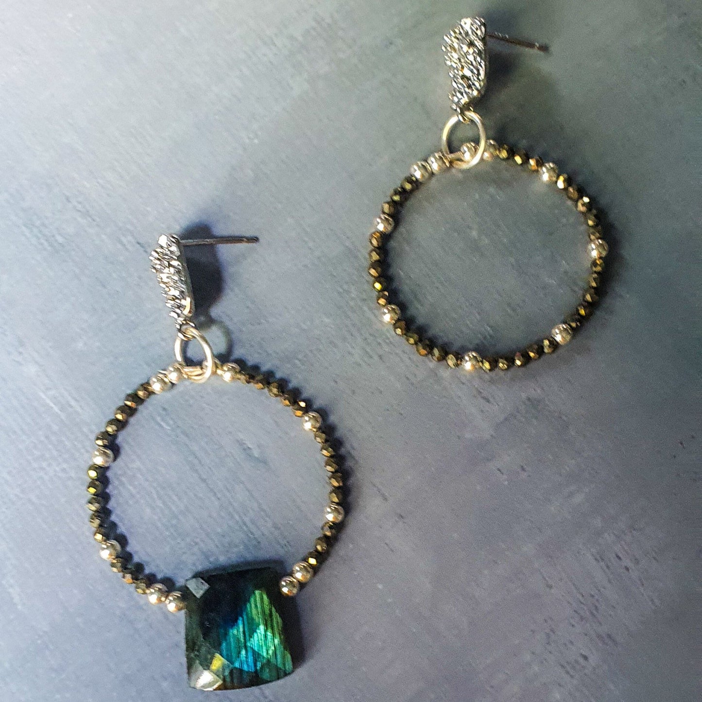 Asymmetrical Silver, Pyrite & Labradorite hoop earings