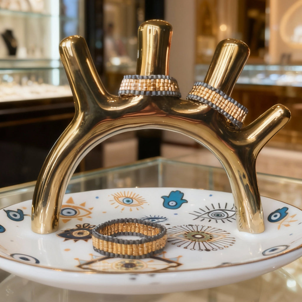 Duracoat Gold-Plated & Charcoal Beaded Ring