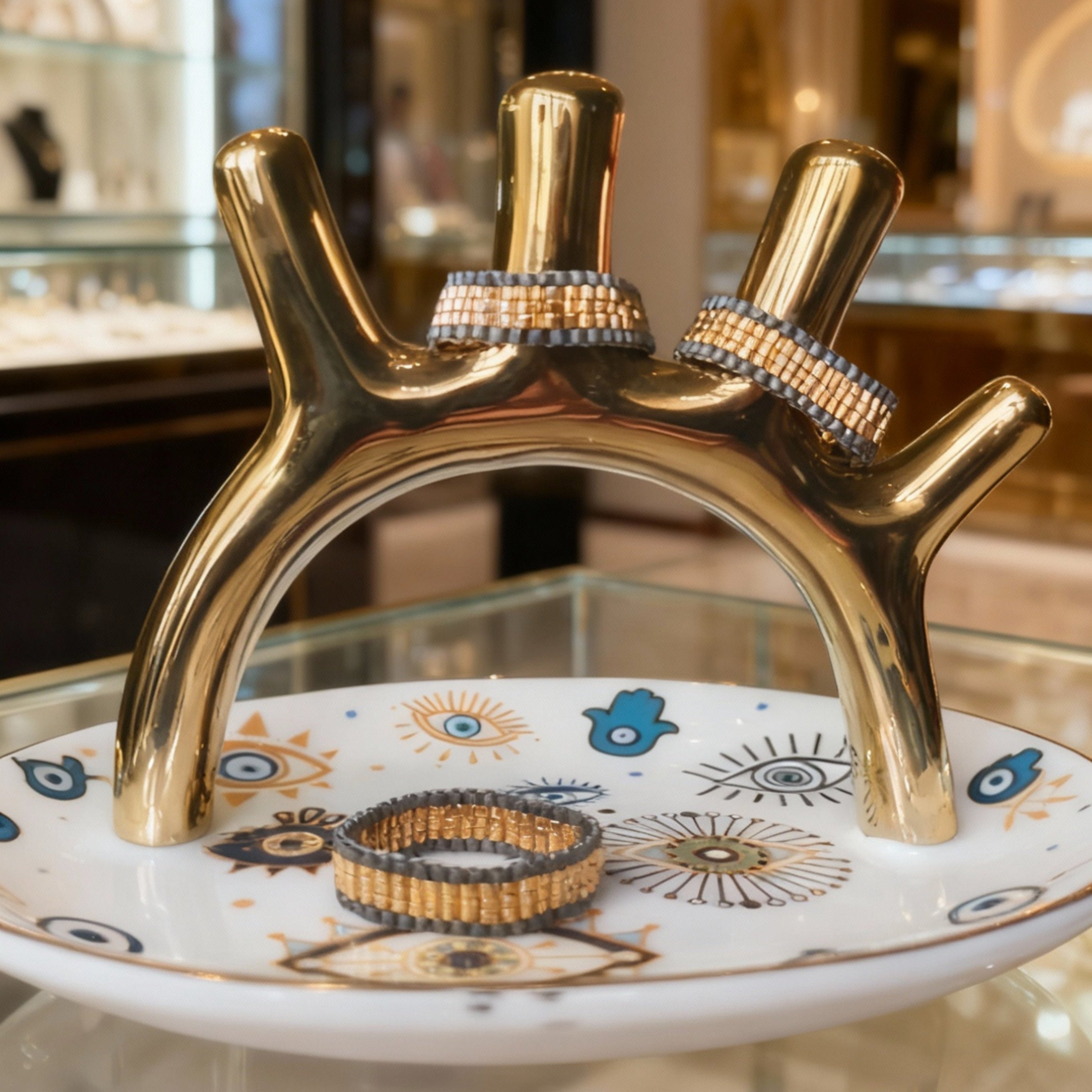 Duracoat Gold-Plated & Charcoal Beaded Ring