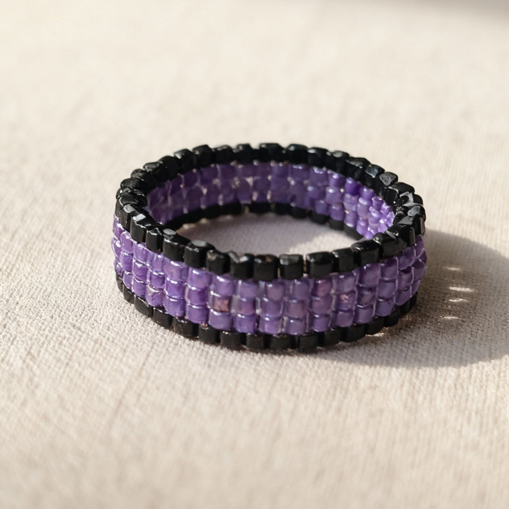 Amethyst Purple & Black Beaded Ring