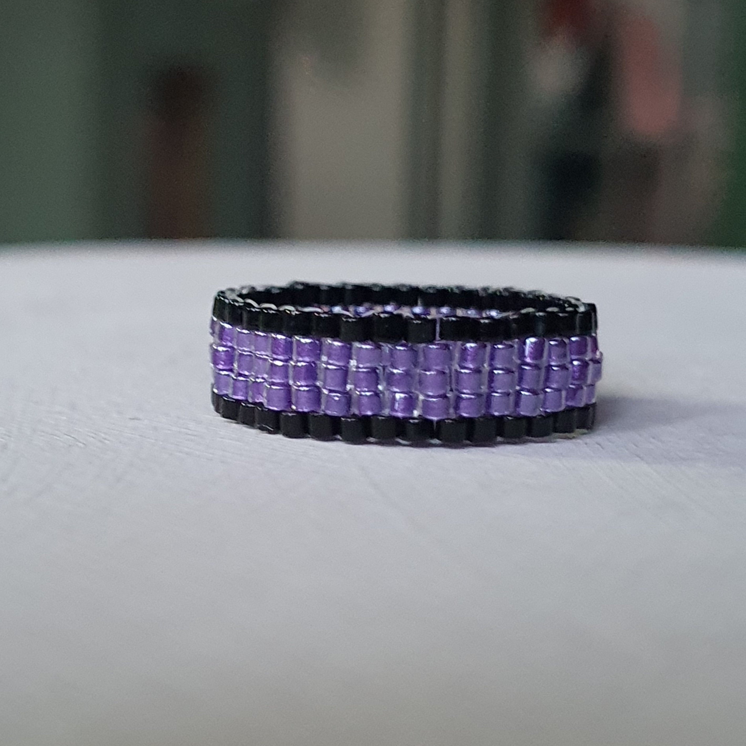 Amethyst Purple & Black Beaded Ring