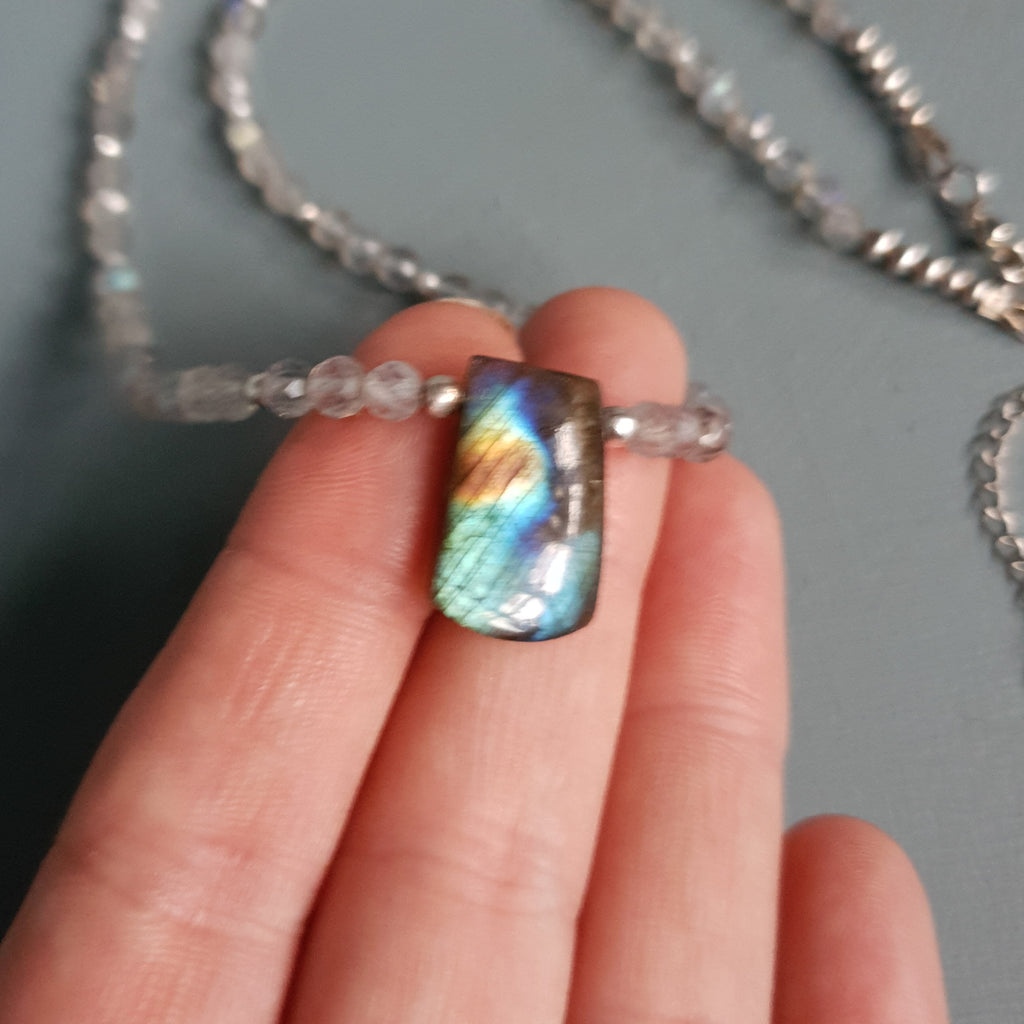 Rainbow Labradorite Centrepiece Necklace with Freshwater Pearls & Silver Accents