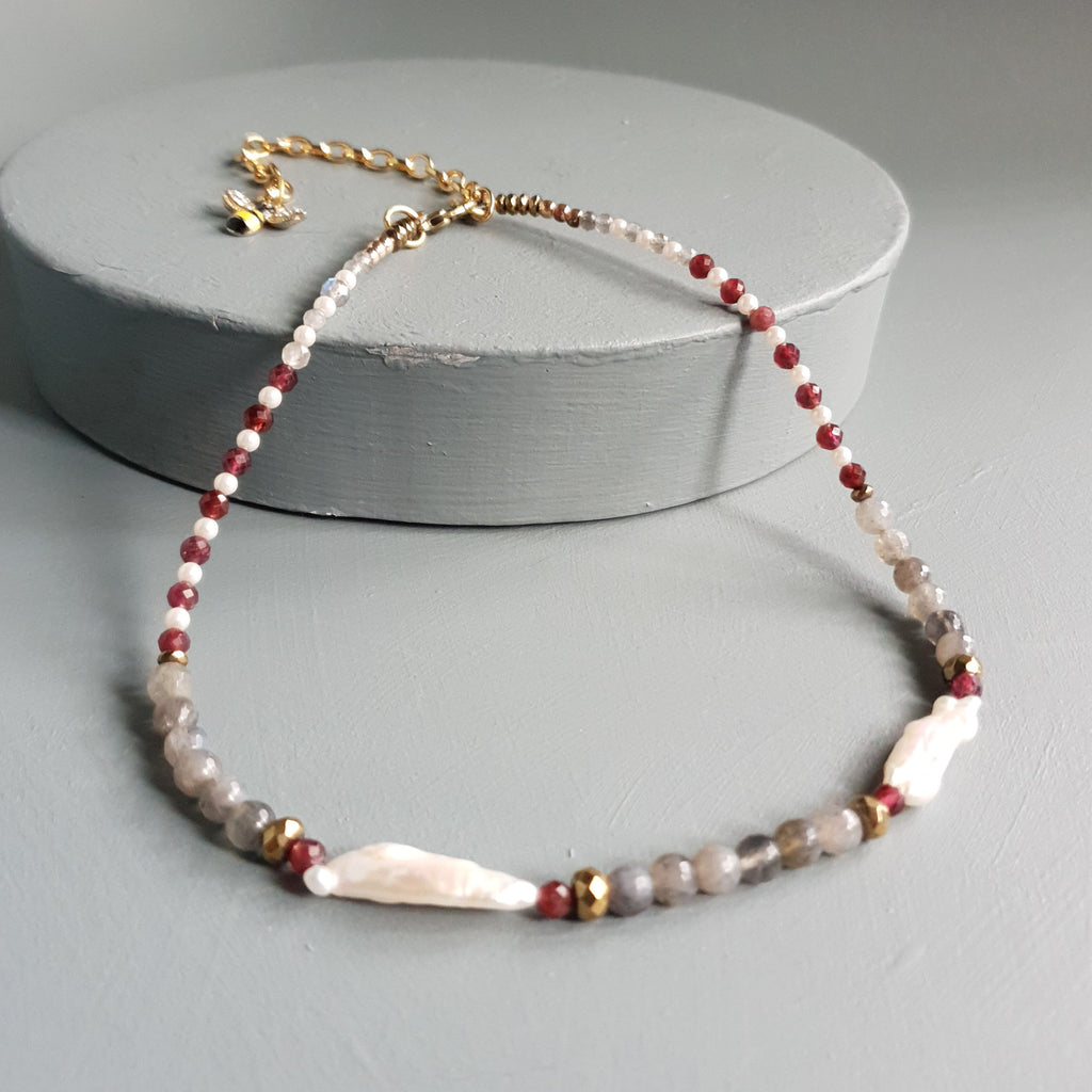 Labradorite, Garnet & Freshwater Pearl Gemstone Necklace