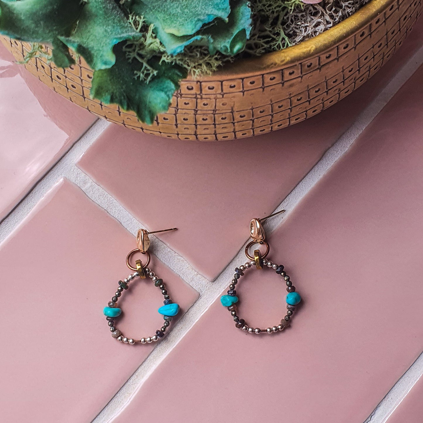 Turquoise, Opal, Pyrite & Silver beaded Hoop Earrings