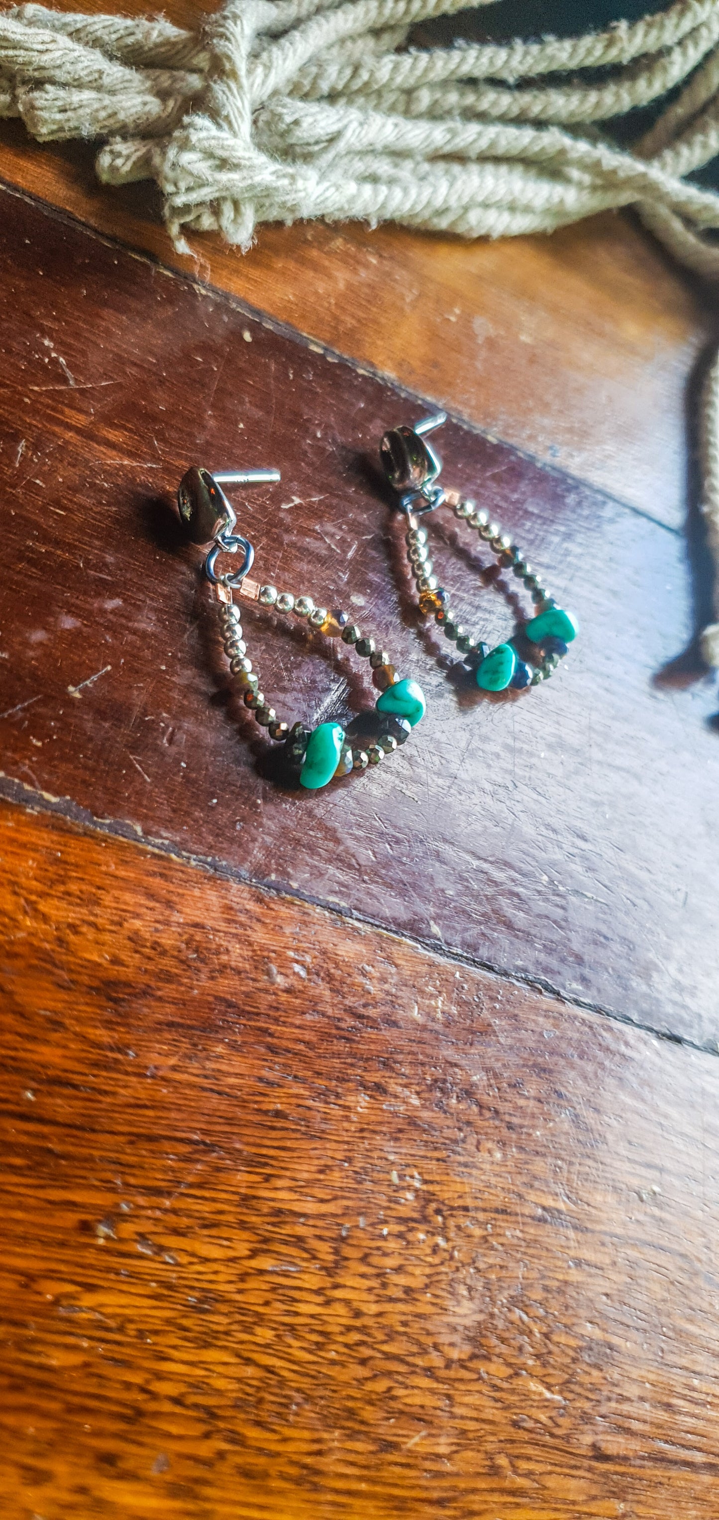 Turquoise, Black Opal & Pyrite Hoop Earrings