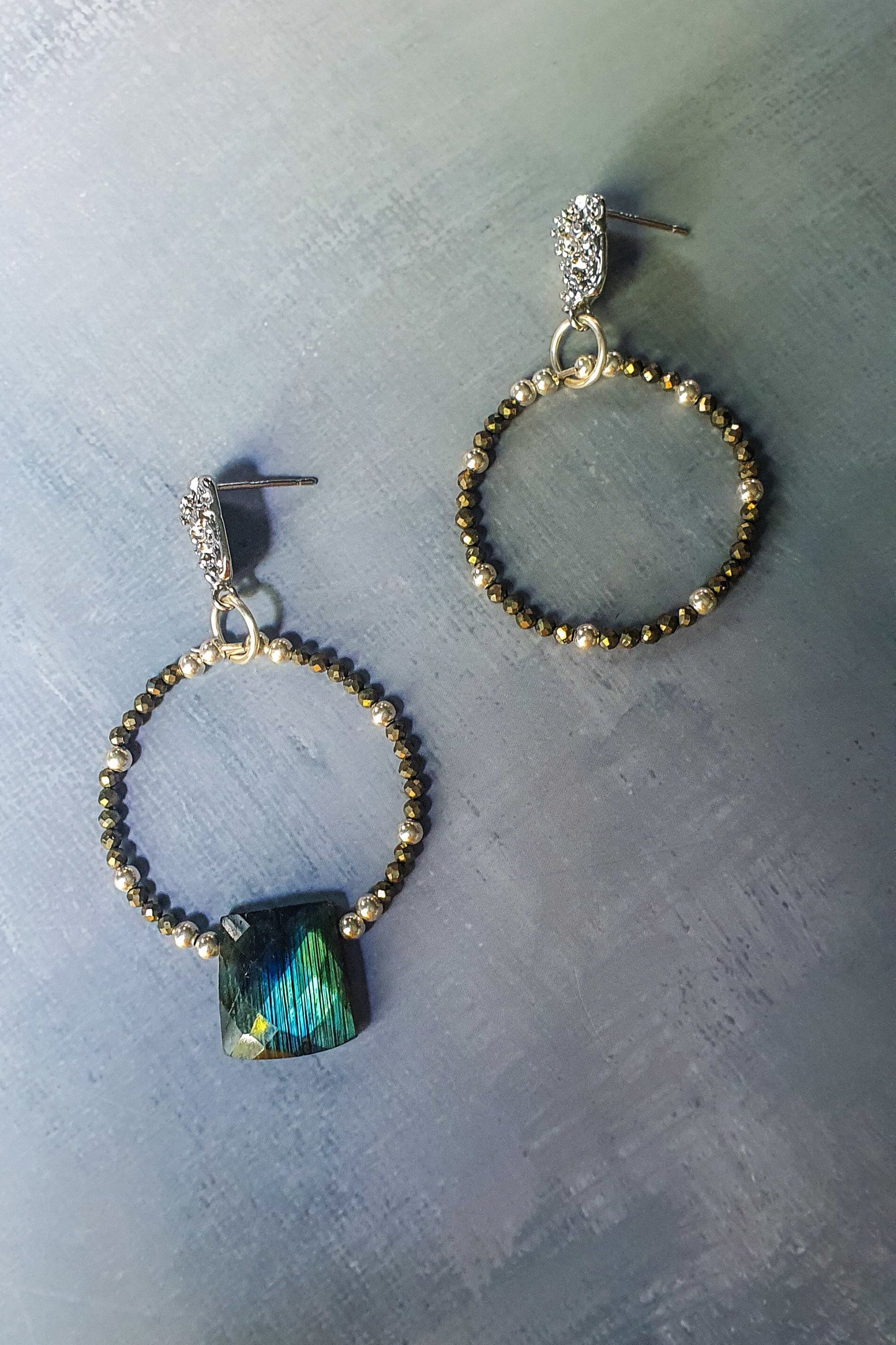 Asymmetrical Silver, Pyrite & Labradorite hoop earings