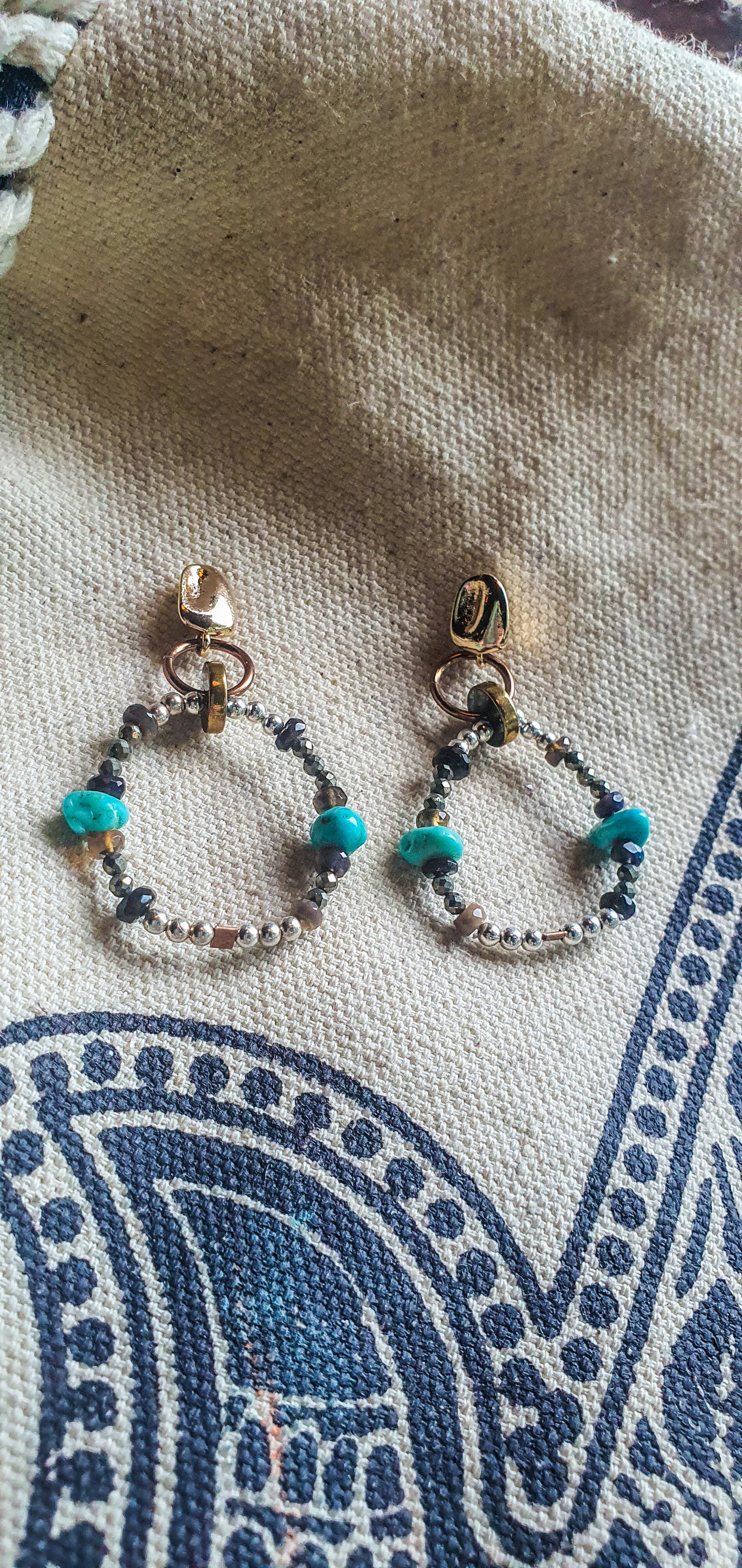 Turquoise, Opal, Pyrite & Silver beaded Hoop Earrings