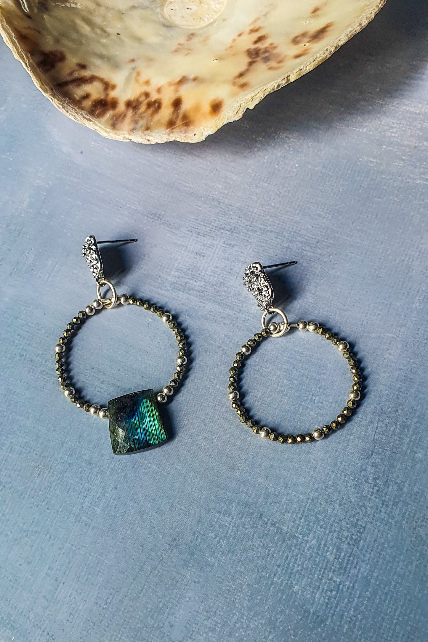 Asymmetrical Silver, Pyrite & Labradorite hoop earings