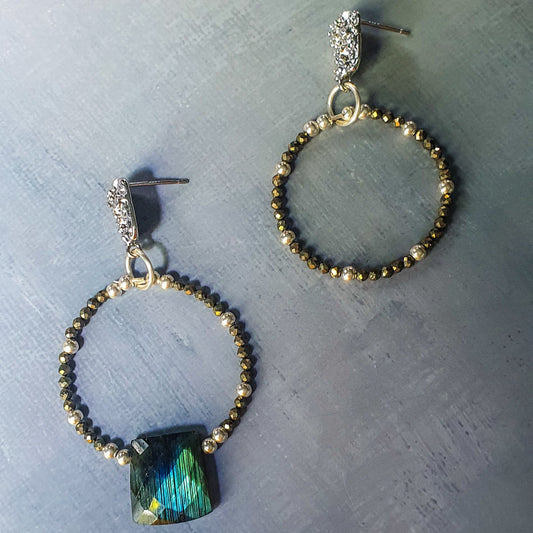 Asymmetrical Silver, Pyrite & Labradorite hoop earings