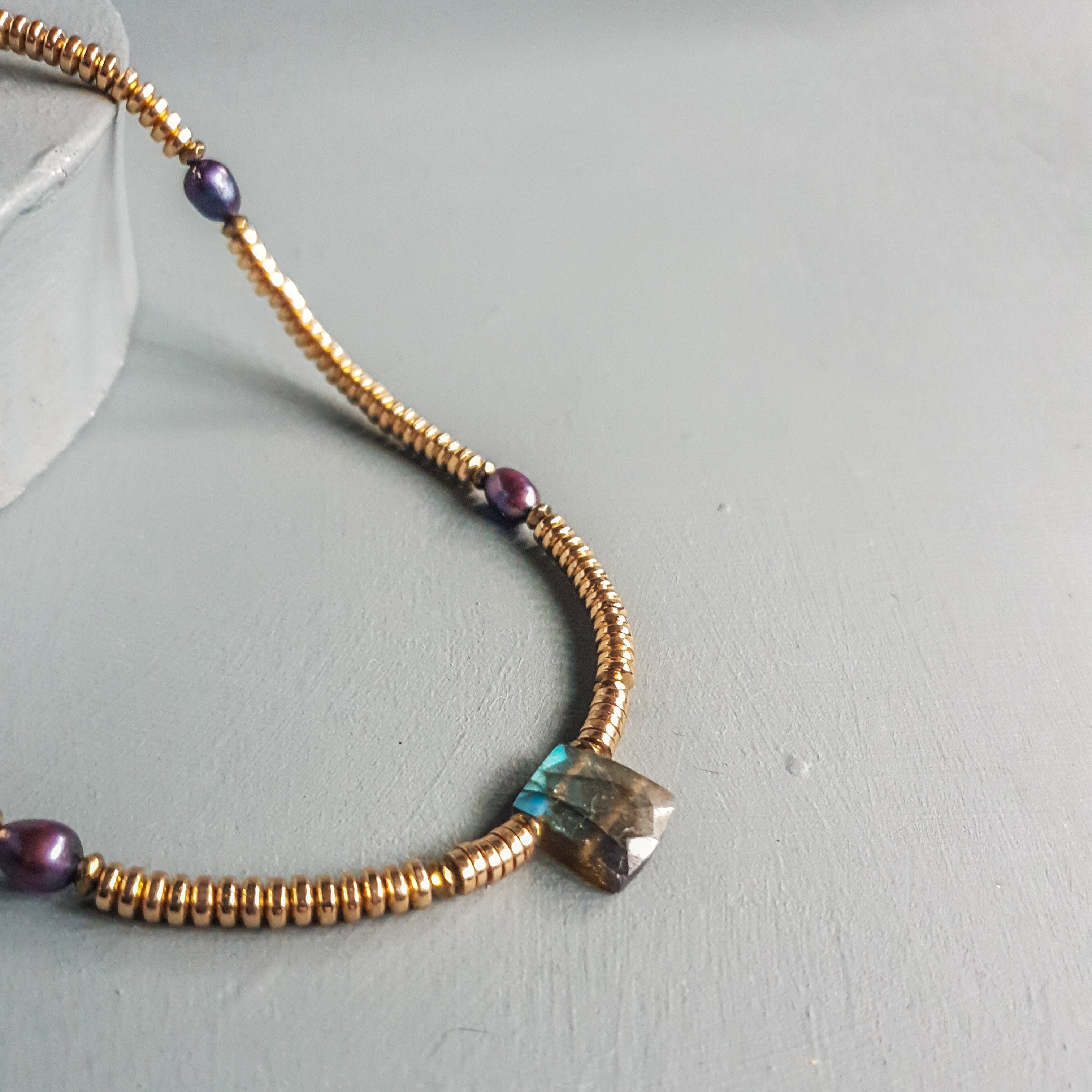 Labradorite, Baroque Pearl & Golden Hematite Necklace II