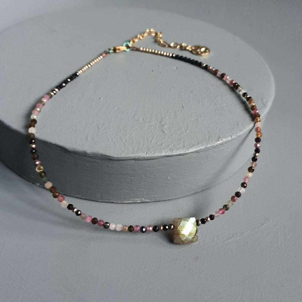 Golden Flash Labradorite Cuboid & Mixed Tourmaline Gemstone Necklace