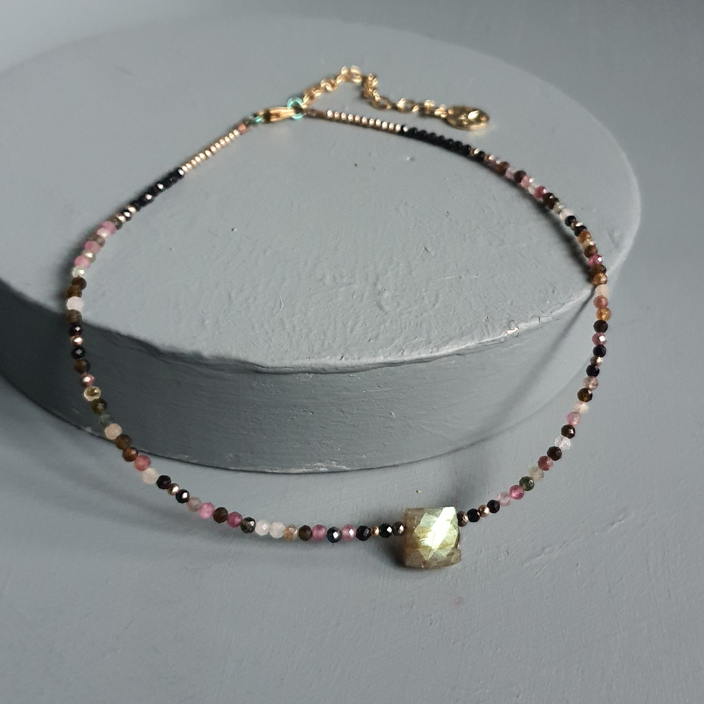 Golden Flash Labradorite Cuboid & Mixed Tourmaline Gemstone Necklace