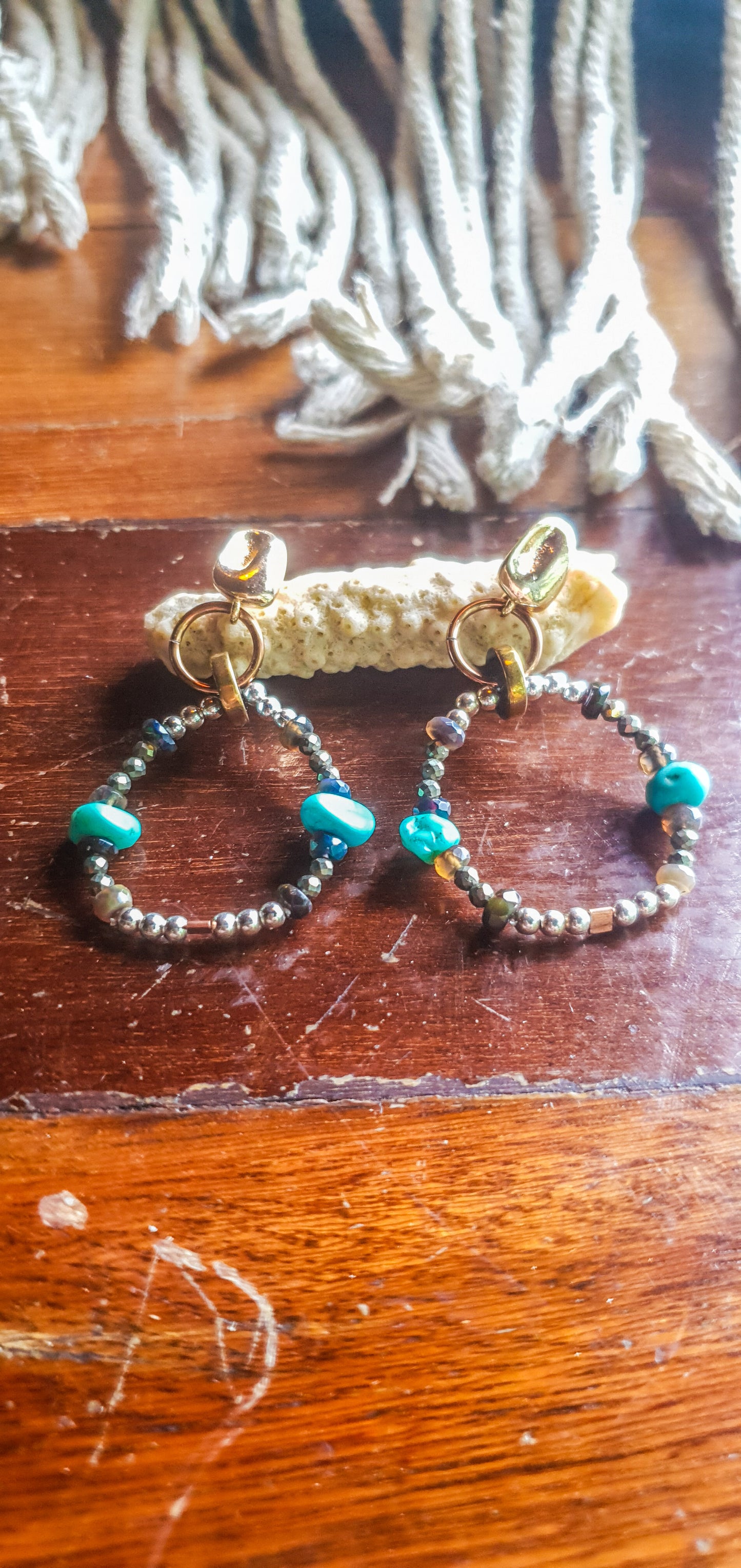 Turquoise, Opal, Pyrite & Silver beaded Hoop Earrings