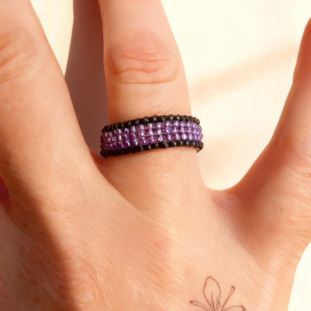 Amethyst Purple & Black Beaded Ring