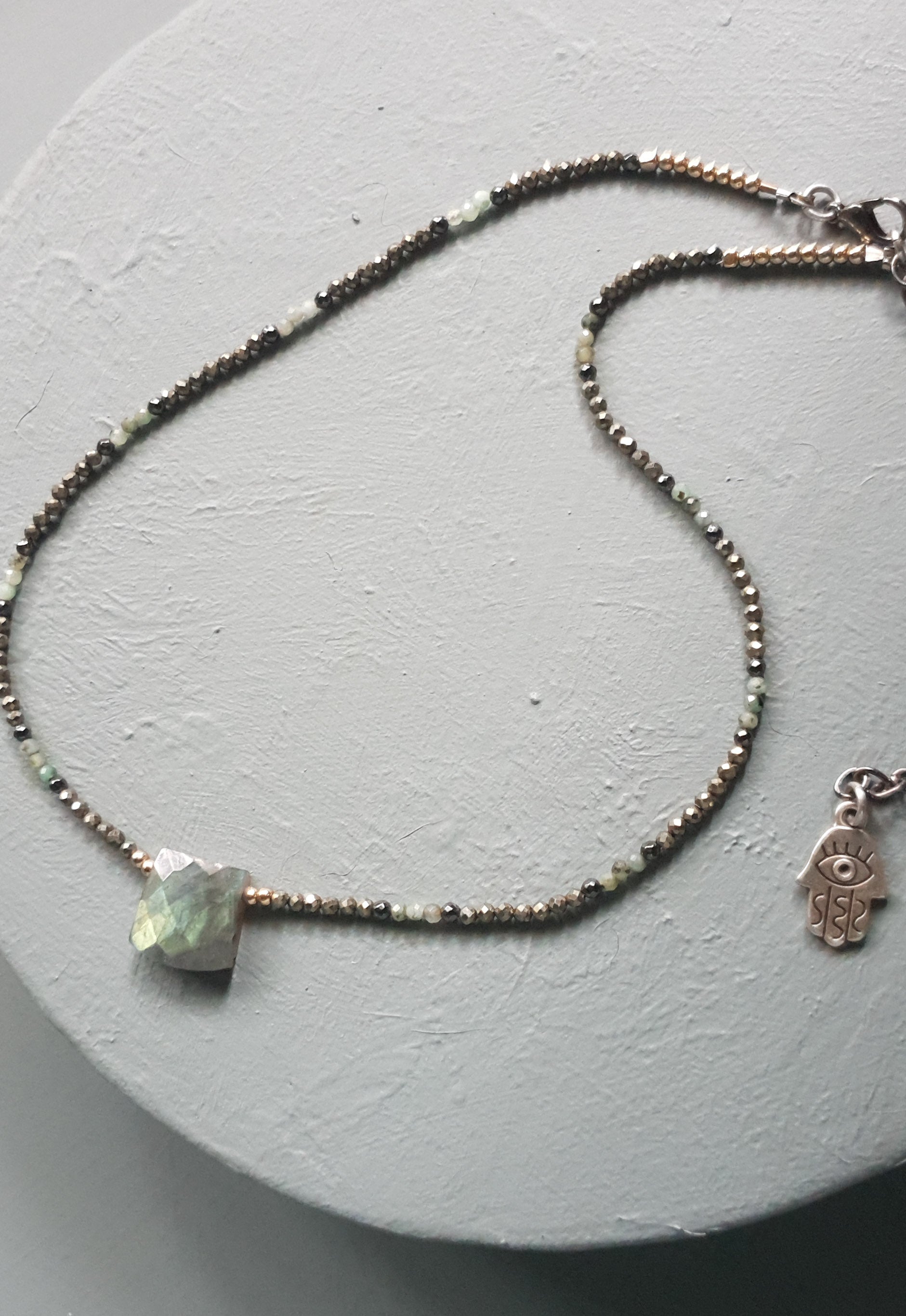 Green Labradorite Cuboid, Pale Emerald & Black Spinel Gemstone Anklet