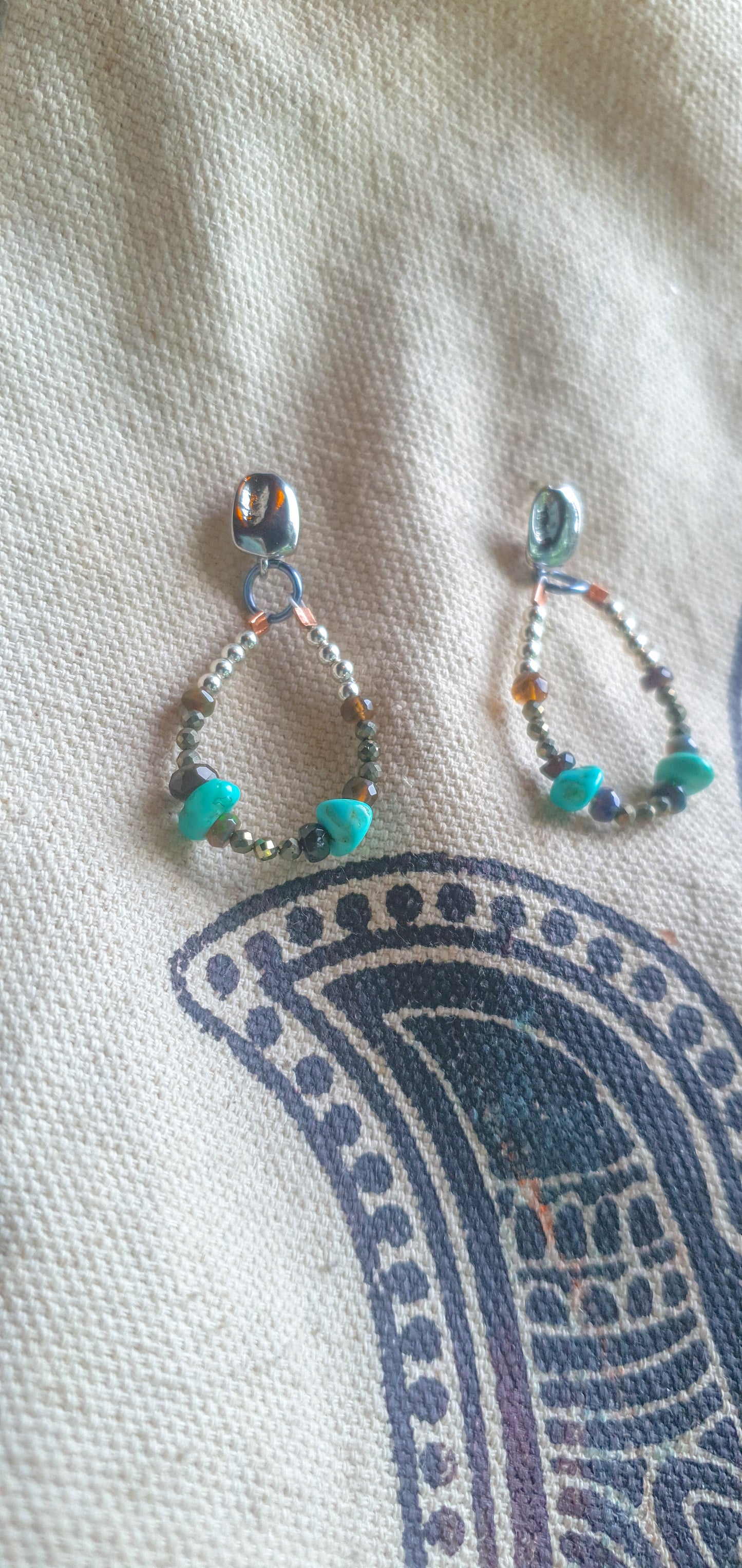 Turquoise, Black Opal & Pyrite Hoop Earrings