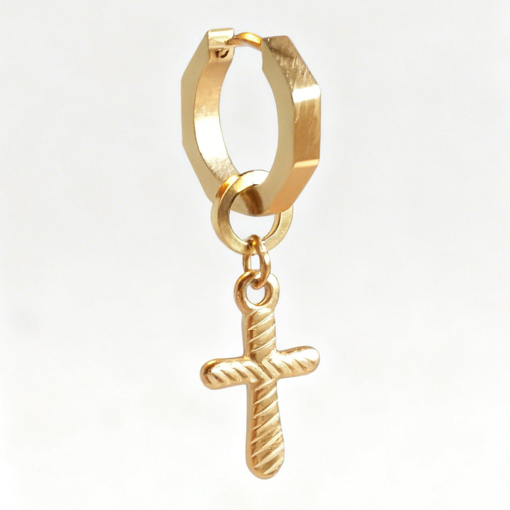 Gold Cross Charm Statement Hex Huggie
