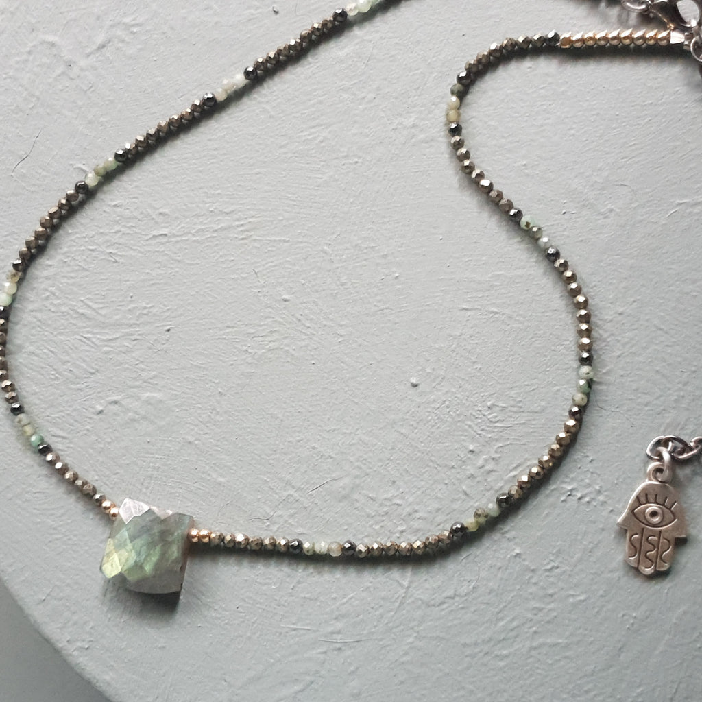 Green Labradorite Cuboid, Pale Emerald & Black Spinel Gemstone Anklet