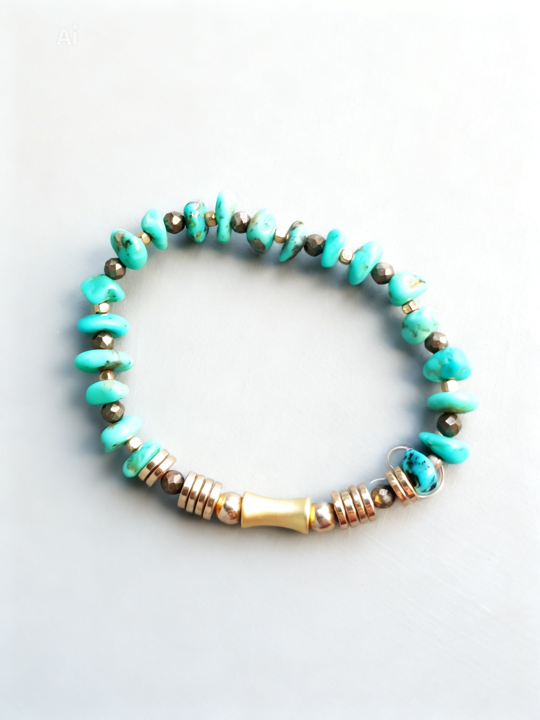 Turquoise Nugget Pyrite Gold Hematite Beaded Stretch Bracelet