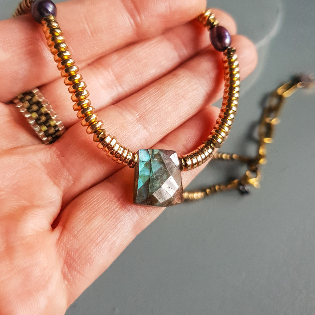 Labradorite, Baroque Pearl & Golden Hematite Necklace II