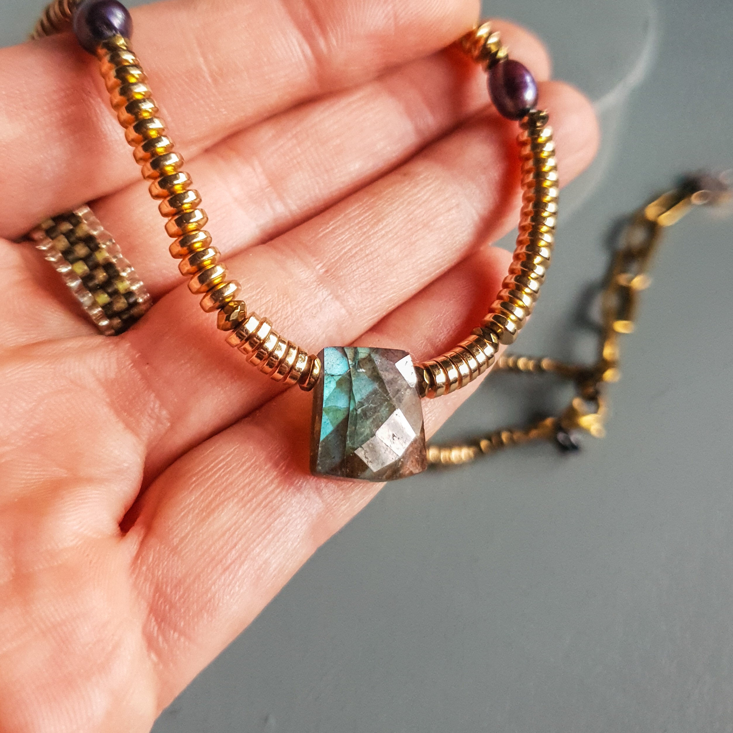 Labradorite, Baroque Pearl & Golden Hematite Necklace II