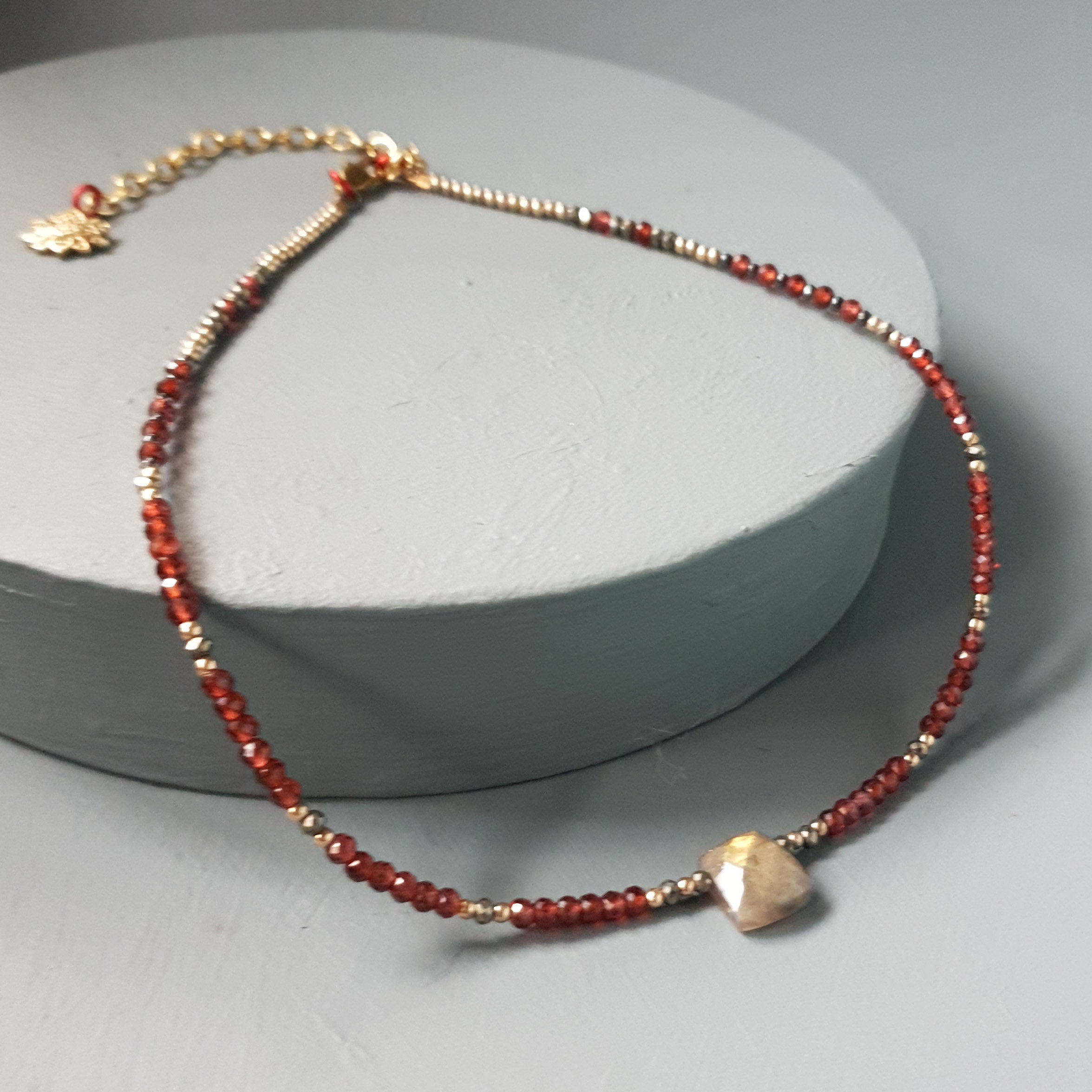 Golden Faceted Centre Stone, Garnet & Pyrite Gemstone Necklace