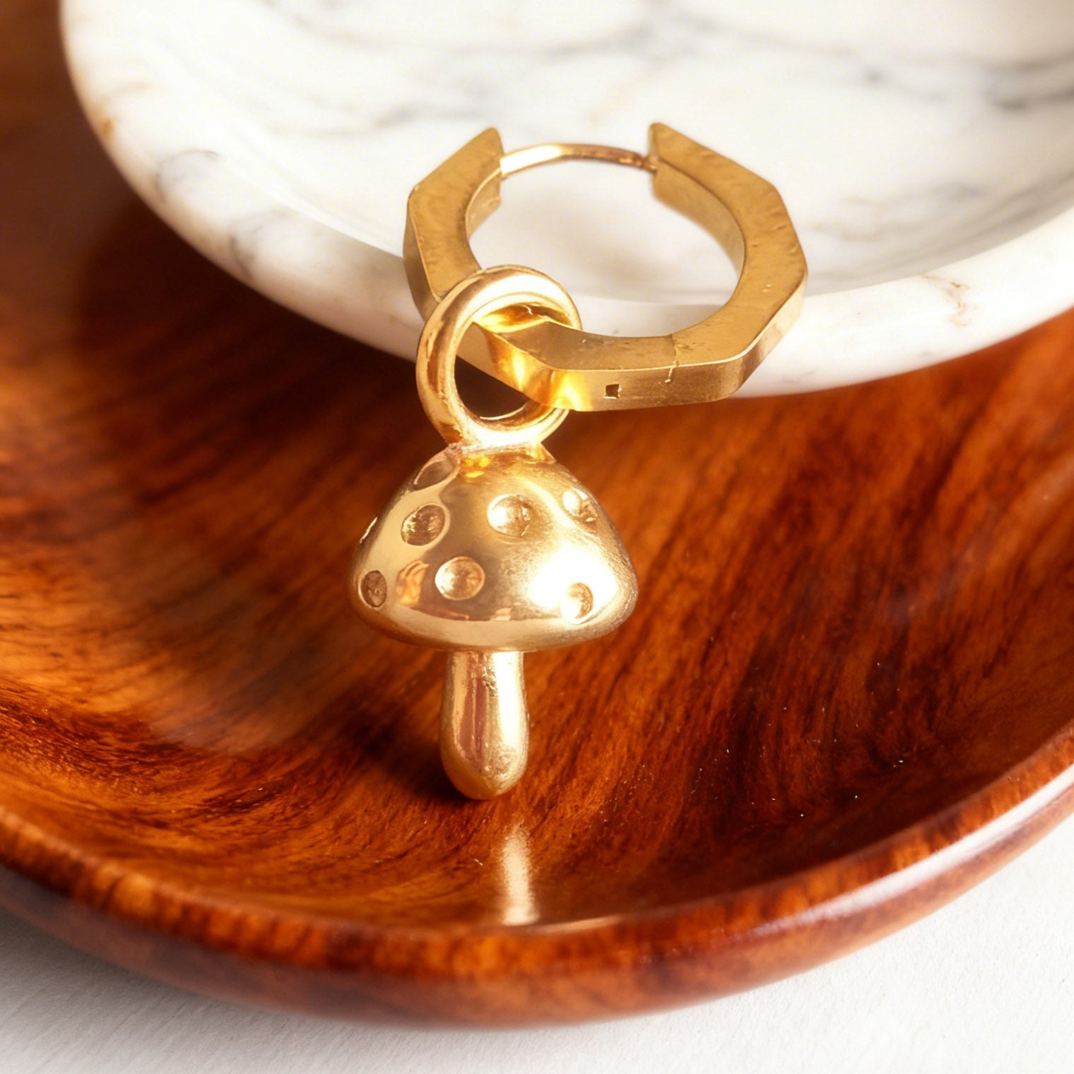 Gold Toadstool Charm Statement Hex Huggie