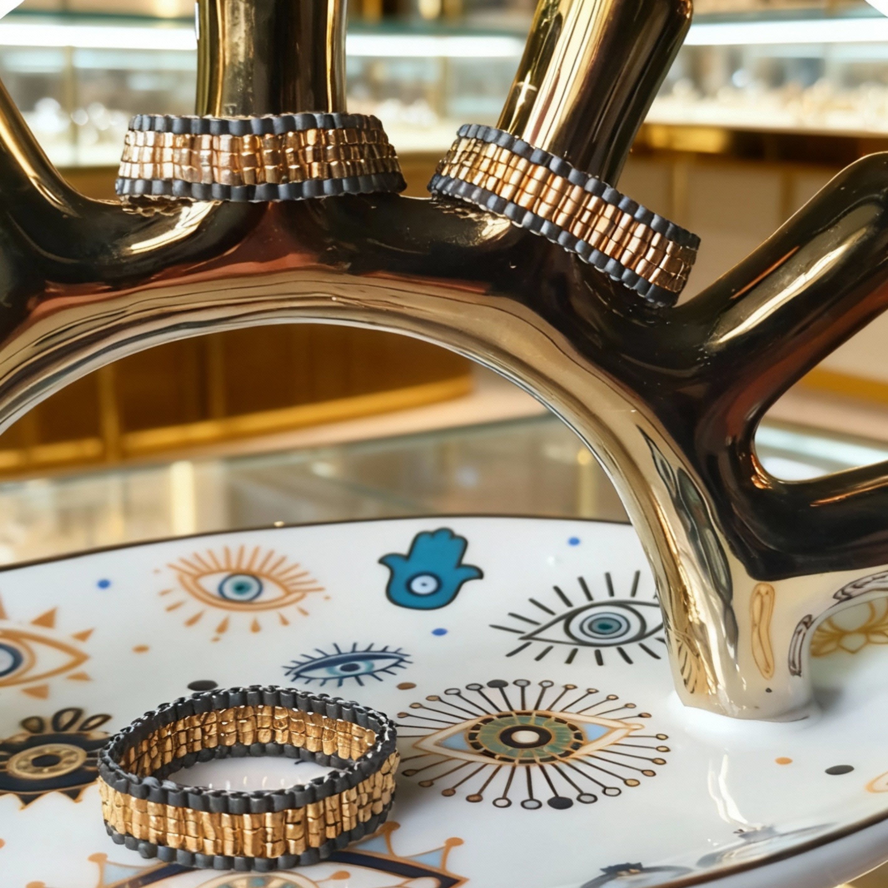 Duracoat Gold-Plated & Charcoal Beaded Ring