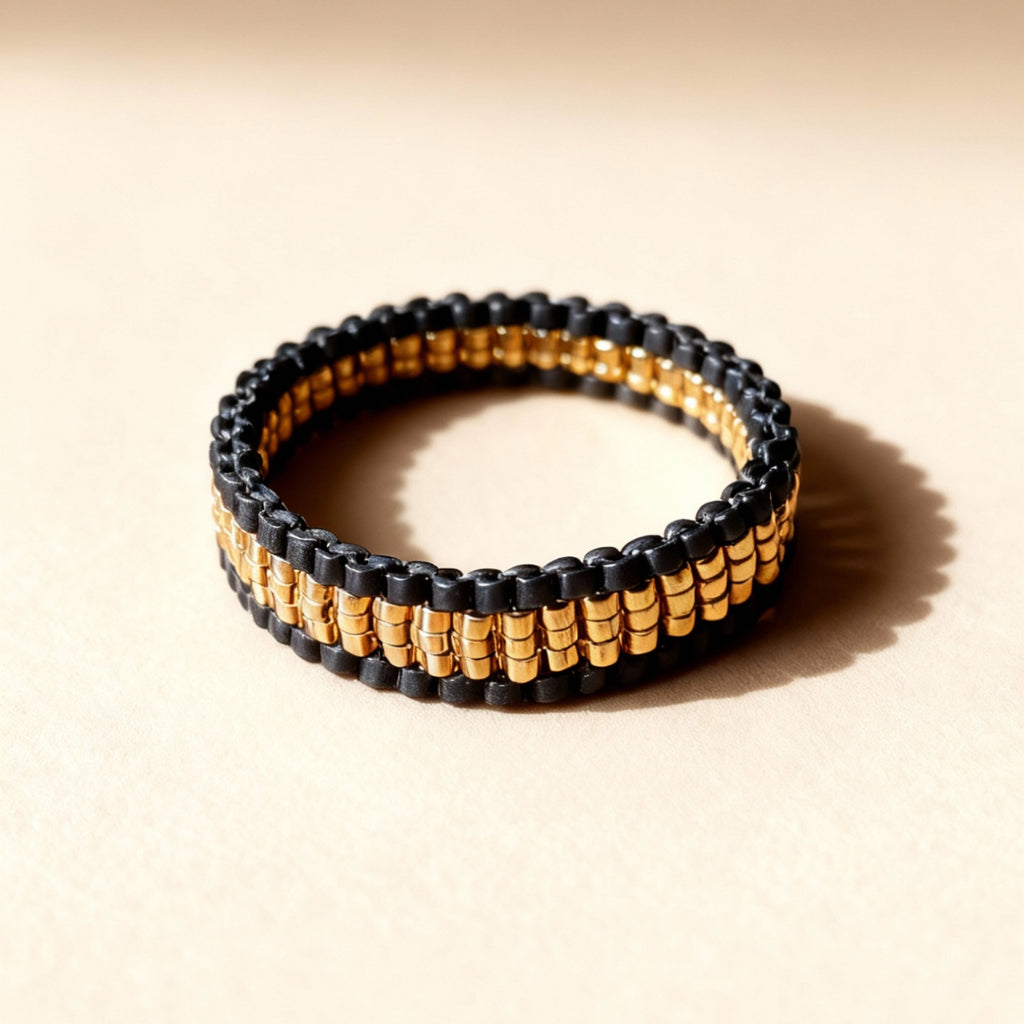 Duracoat Gold-Plated & Charcoal Beaded Ring