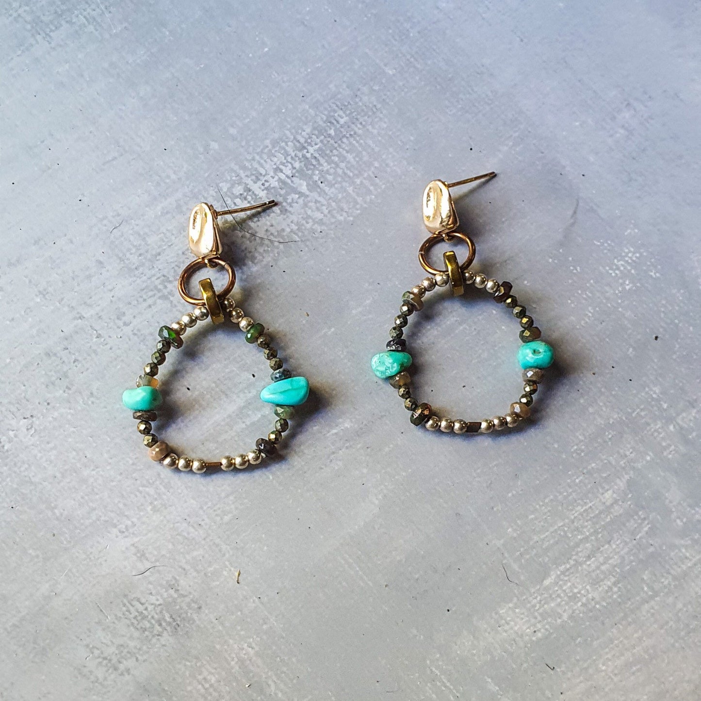 Turquoise, Opal, Pyrite & Silver beaded Hoop Earrings