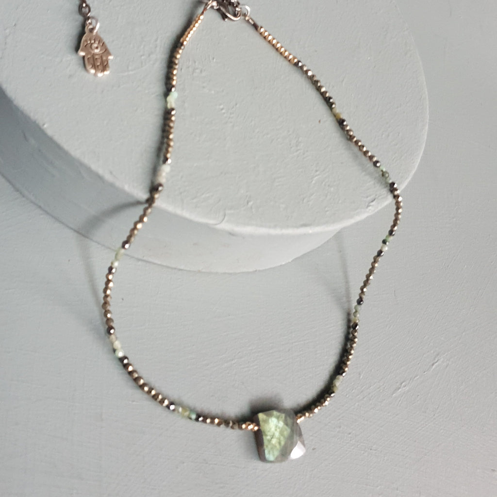 Green Labradorite Cuboid, Pale Emerald & Black Spinel Gemstone Anklet