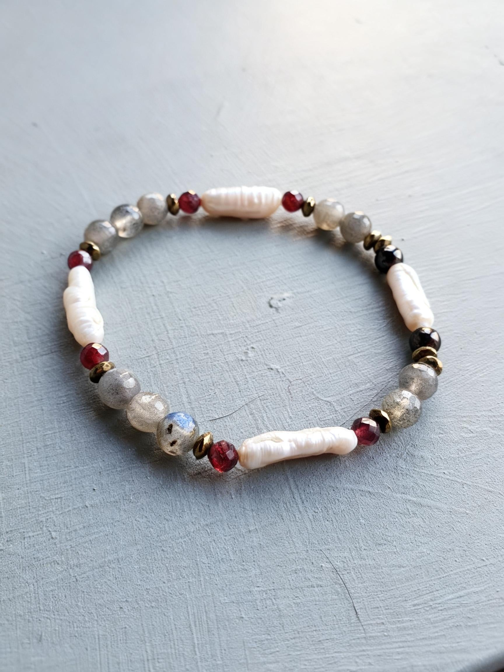 Labradorite Garnet Pyrite Freshwater Pearl Beaded Stretch Bracelet