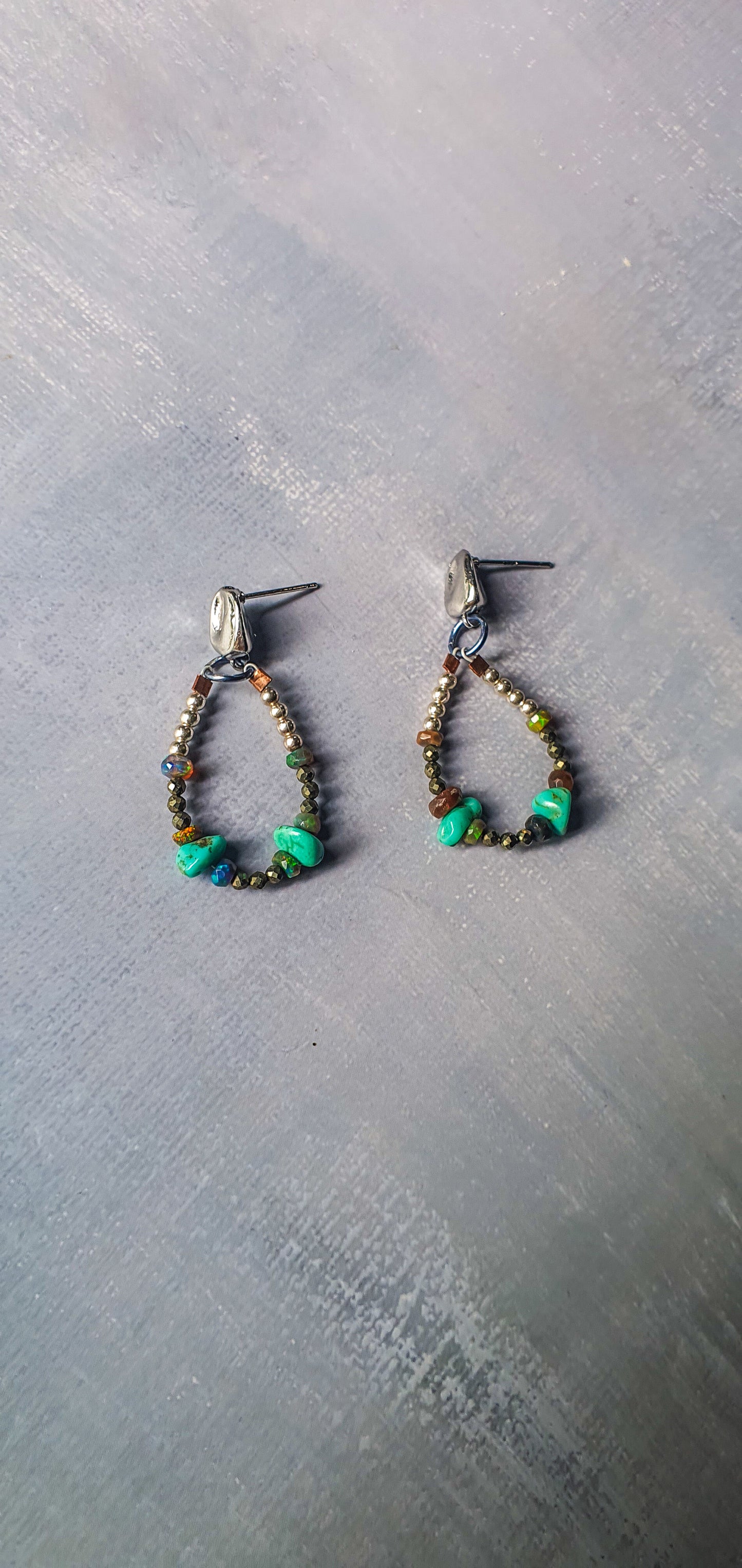 Turquoise, Black Opal & Pyrite Hoop Earrings